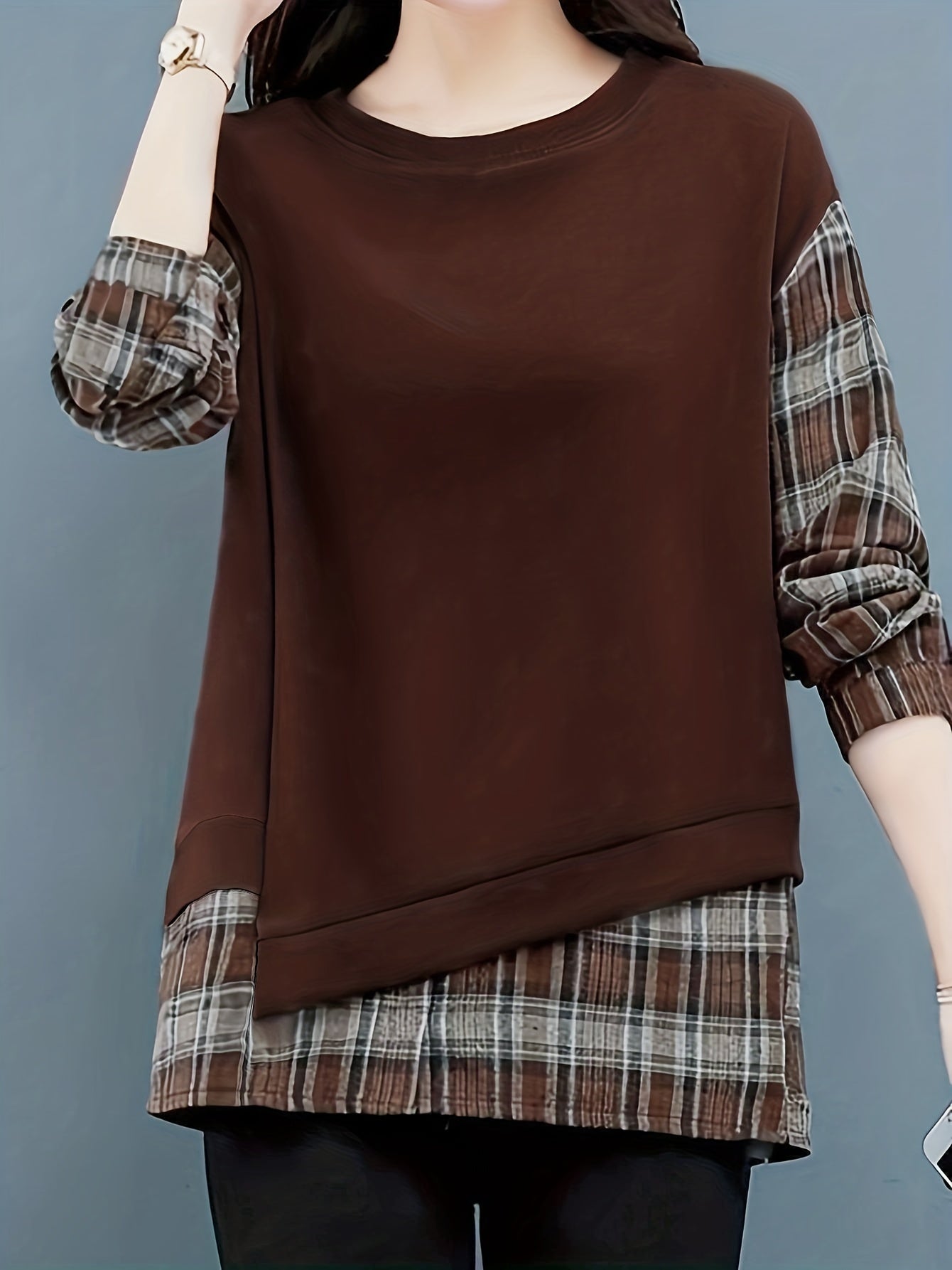 gbolsos Long Sleeve Plaid Pullover, Crew Neck Casual Top For Spring & Fall, Women's Clothing