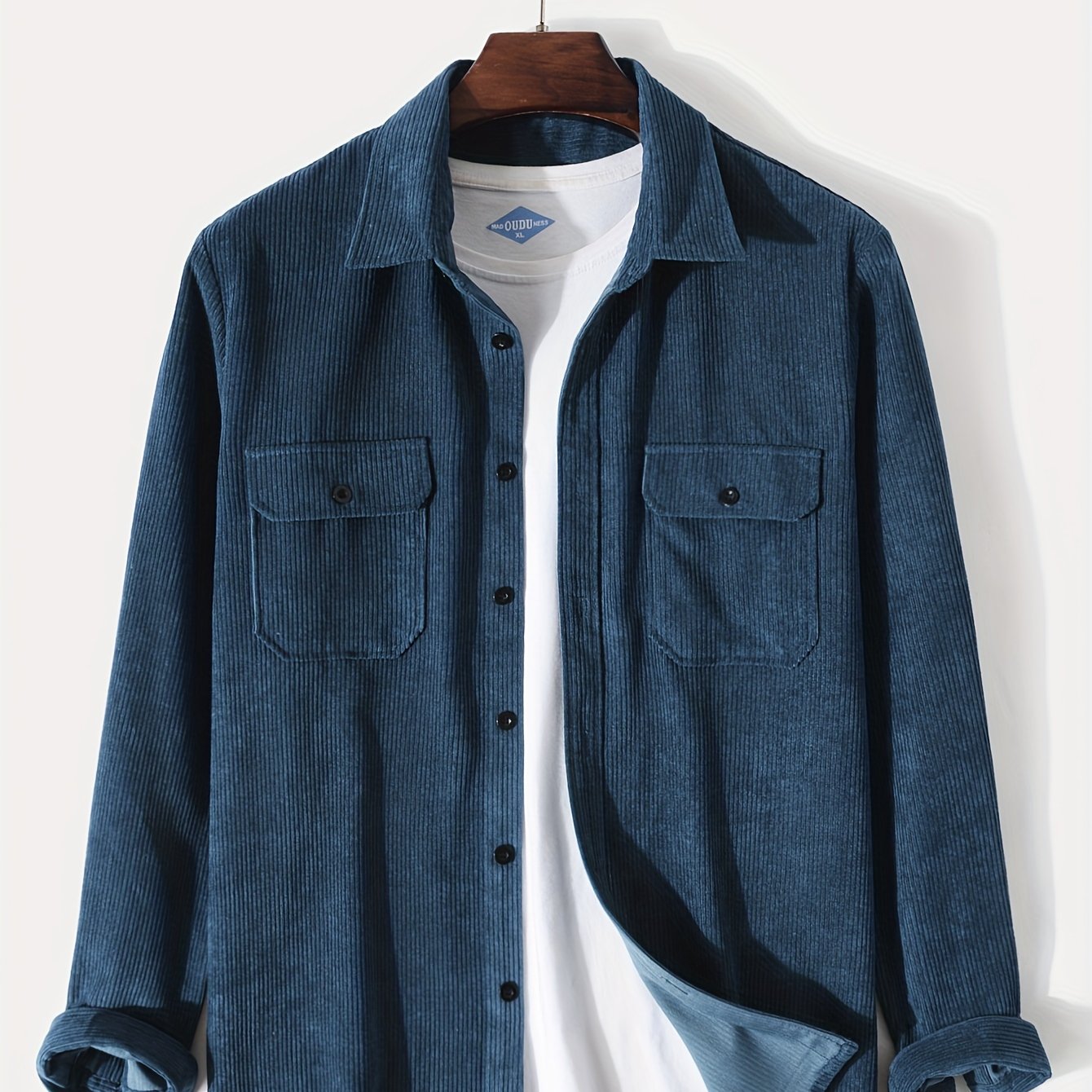 gbolsos Men's Retro Corduroy Shirt Top Turn-Down Collar Long Sleeve Closure Regular Fit Solid Male Casual Shirt For Daily