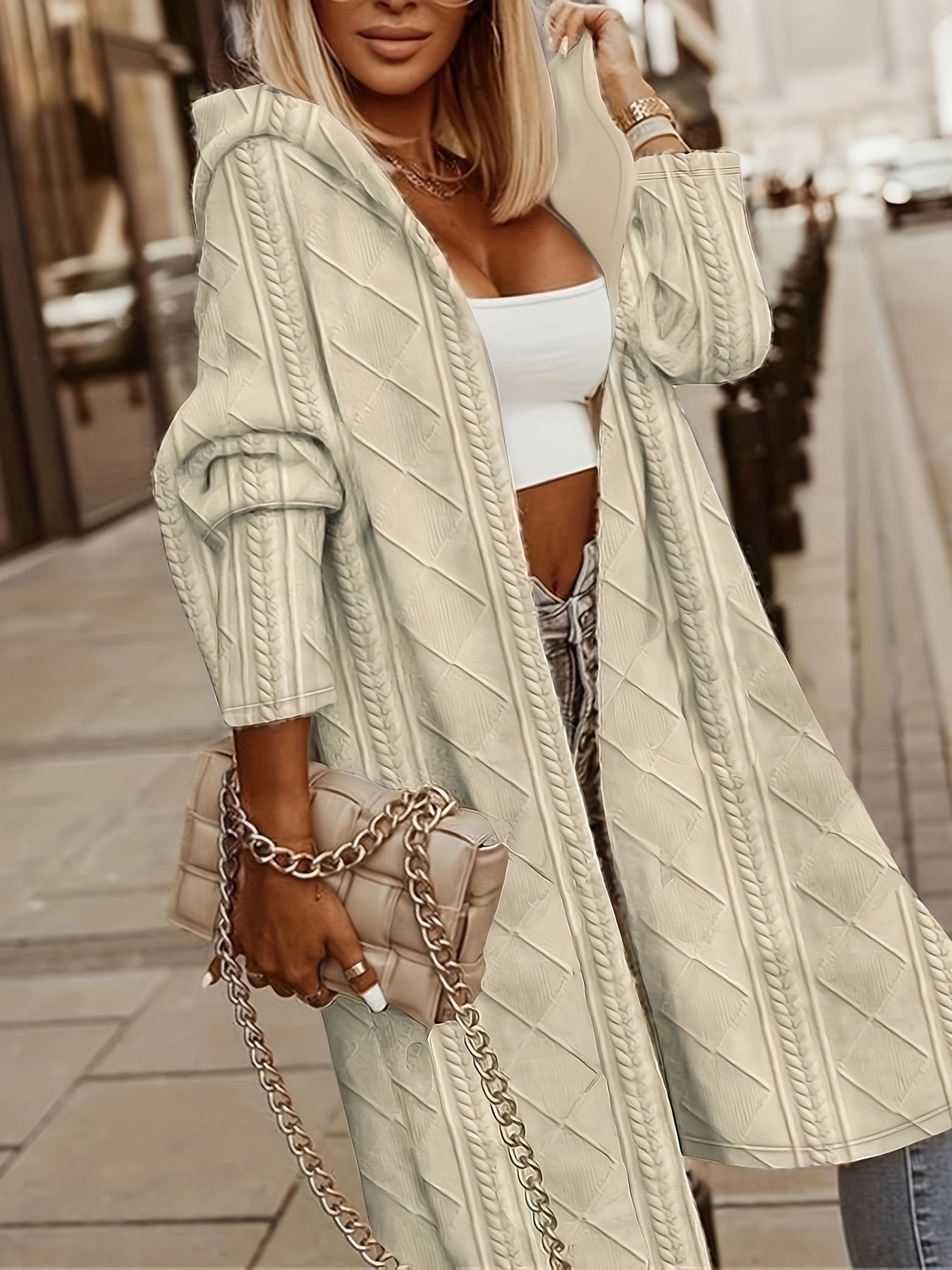 gbolsos Textured Solid Hooded Jacket, Casual Open Front Drop Shoulder Outerwear, Women's Clothing