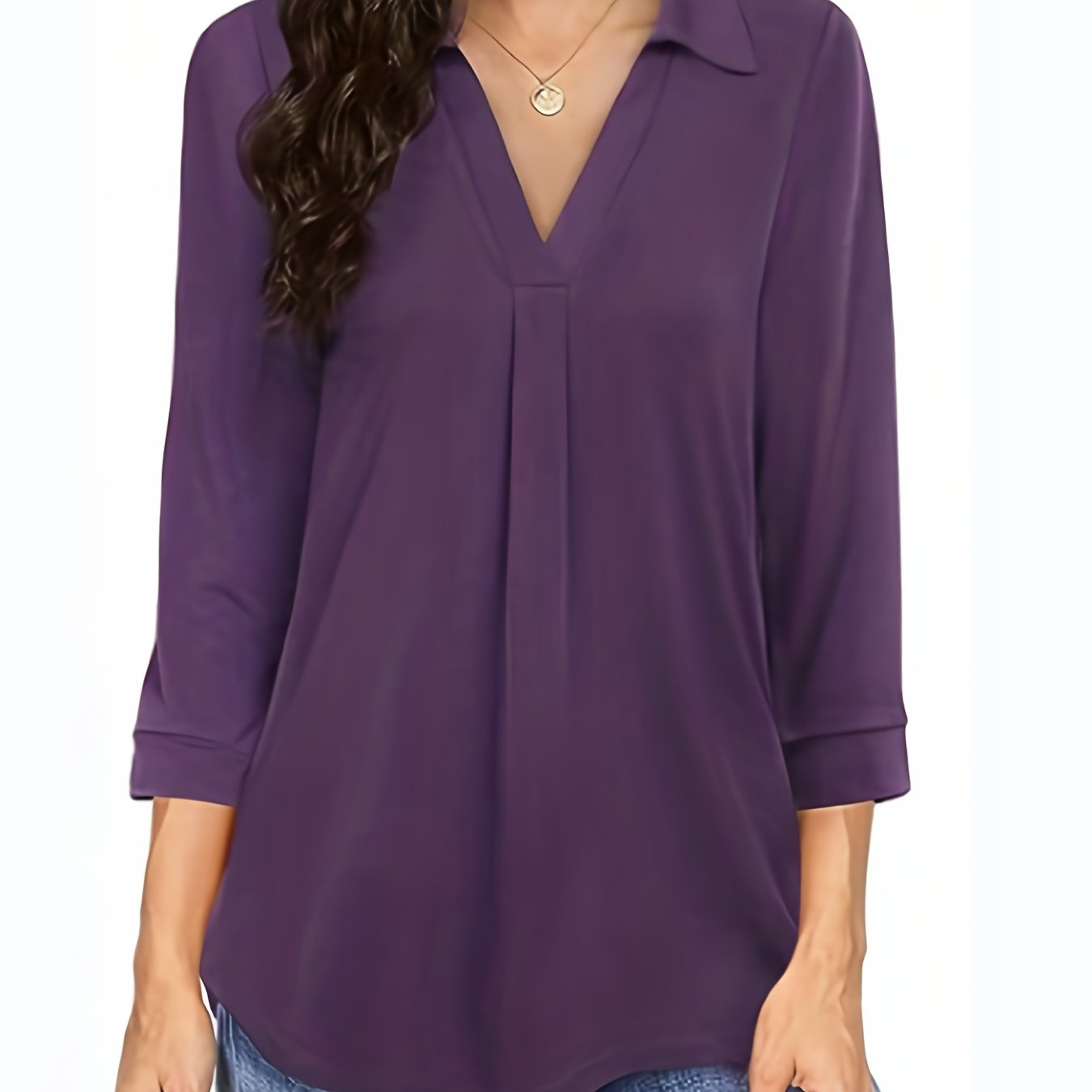 gbolsos Plus Size Casual Blouse, Women's Plus Solid Half Sleeve Turn Down Collar Tunic Top