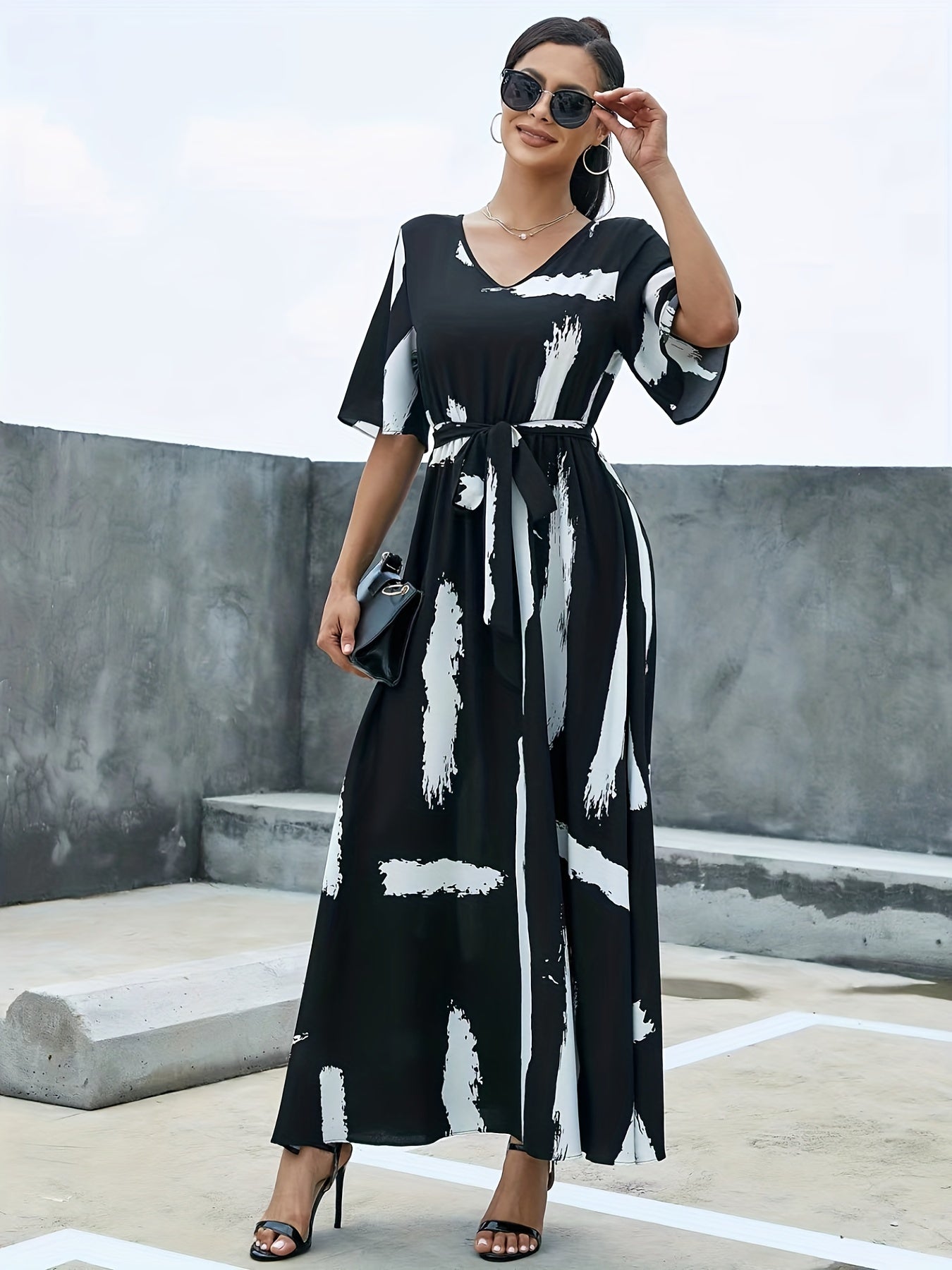 gbolsos Flutter Sleeve Belted Maxi Dress, Casual Dress For Spring & Summer, Women's Clothing