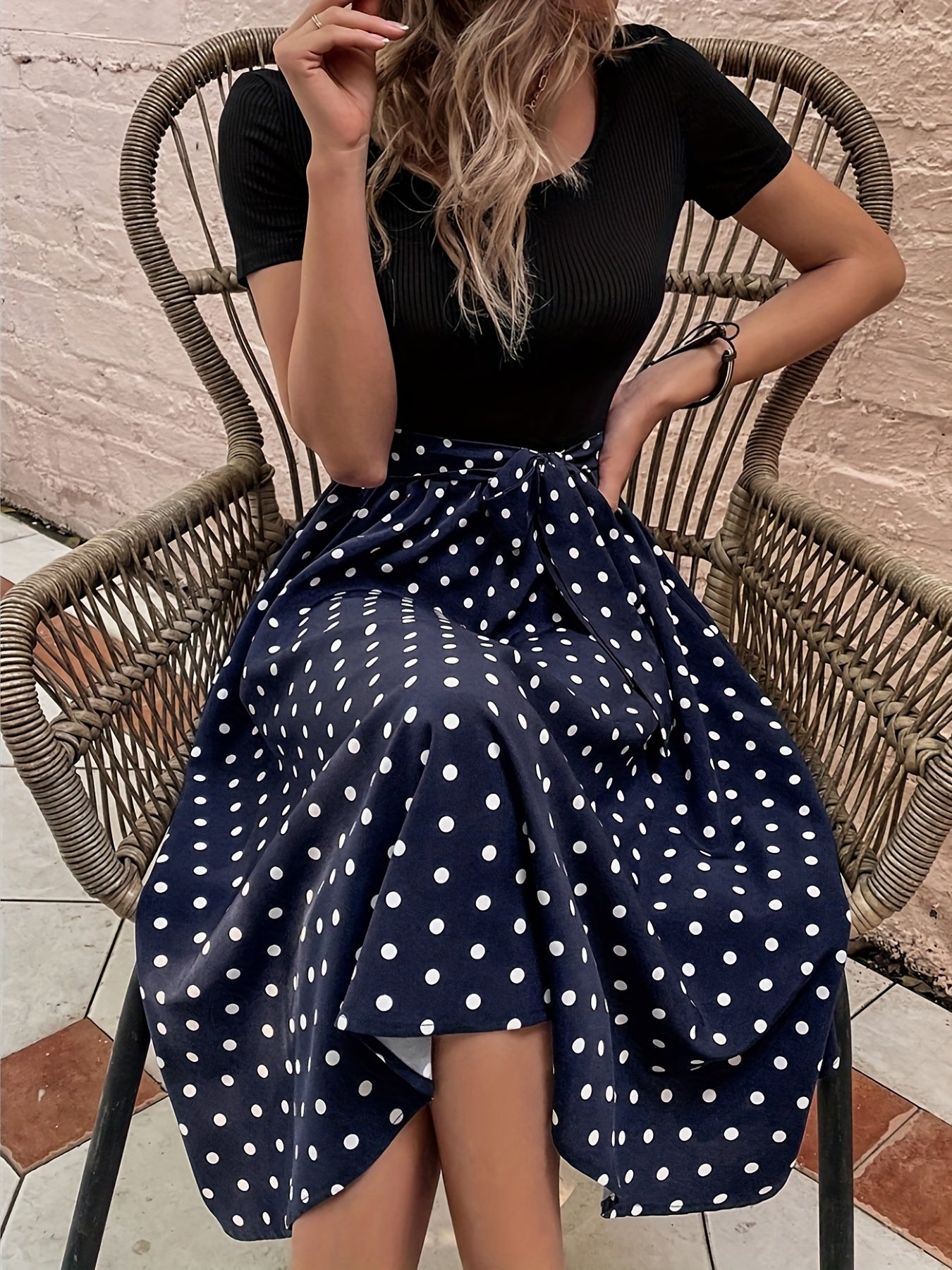 Polka Dot Print Splicing Dress, Casual Crew Neck Short Sleeve Dress, Women's Clothing