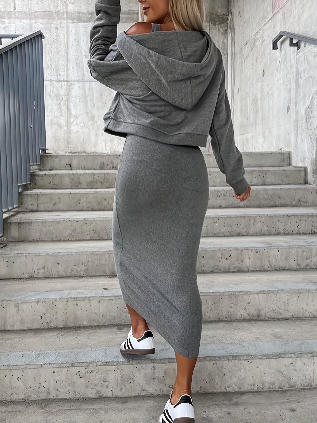 gbolsos Casual Solid Two-piece Dress Set, Sleeveless Tank Dress & Long Sleeve Hoodies Outfits, Women's Clothing