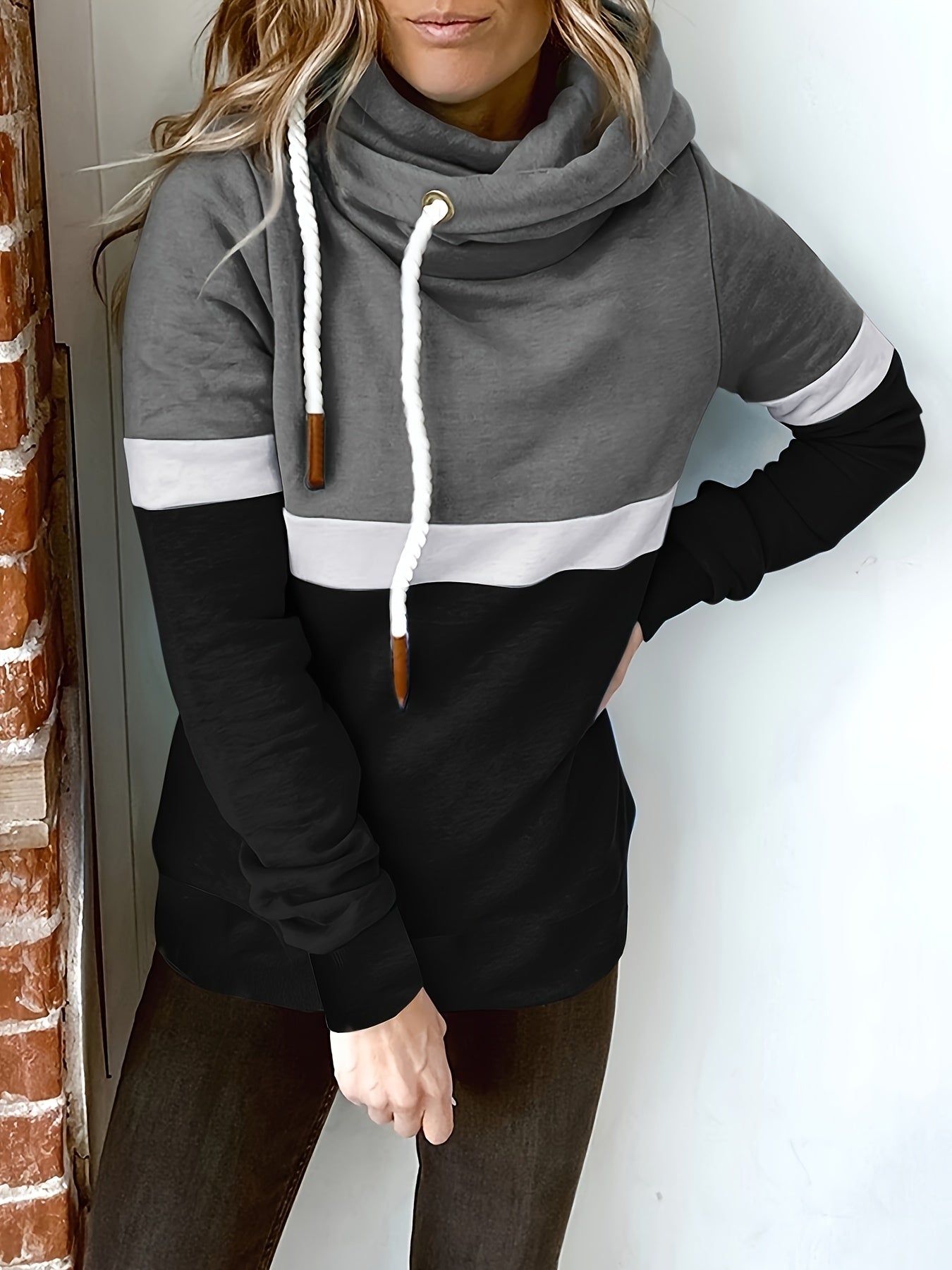 gbolsos Color Block Turtle Neck Hoodie, Casual Long Sleeve Drawstring Hoodies Sweatshirt, Women's Clothing
