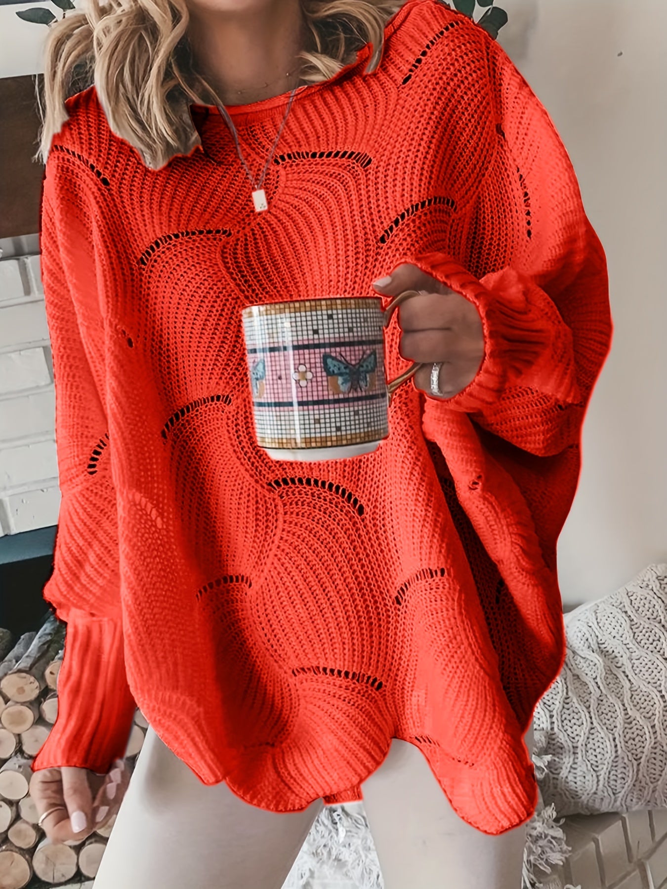 Solid Cutout Irregular Hem Knit Sweater, Casual Crew Neck Long Sleeve Pullover Sweater, Women's Clothing