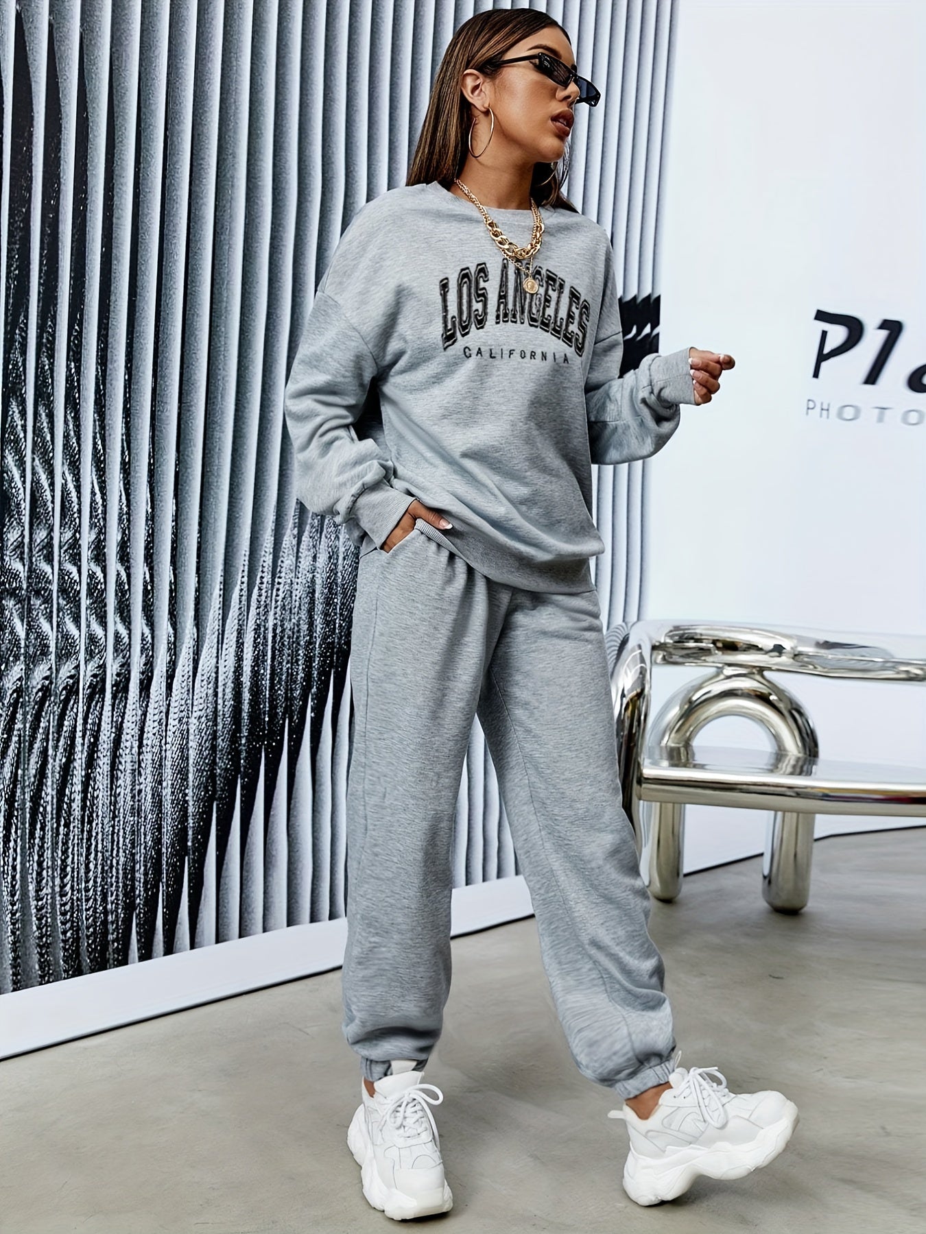 gbolsos Casual Workout Two-piece Set, Letter Print Long Sleeve Tops & Long Length Solid Jogger Pants Outfits, Women's Clothing