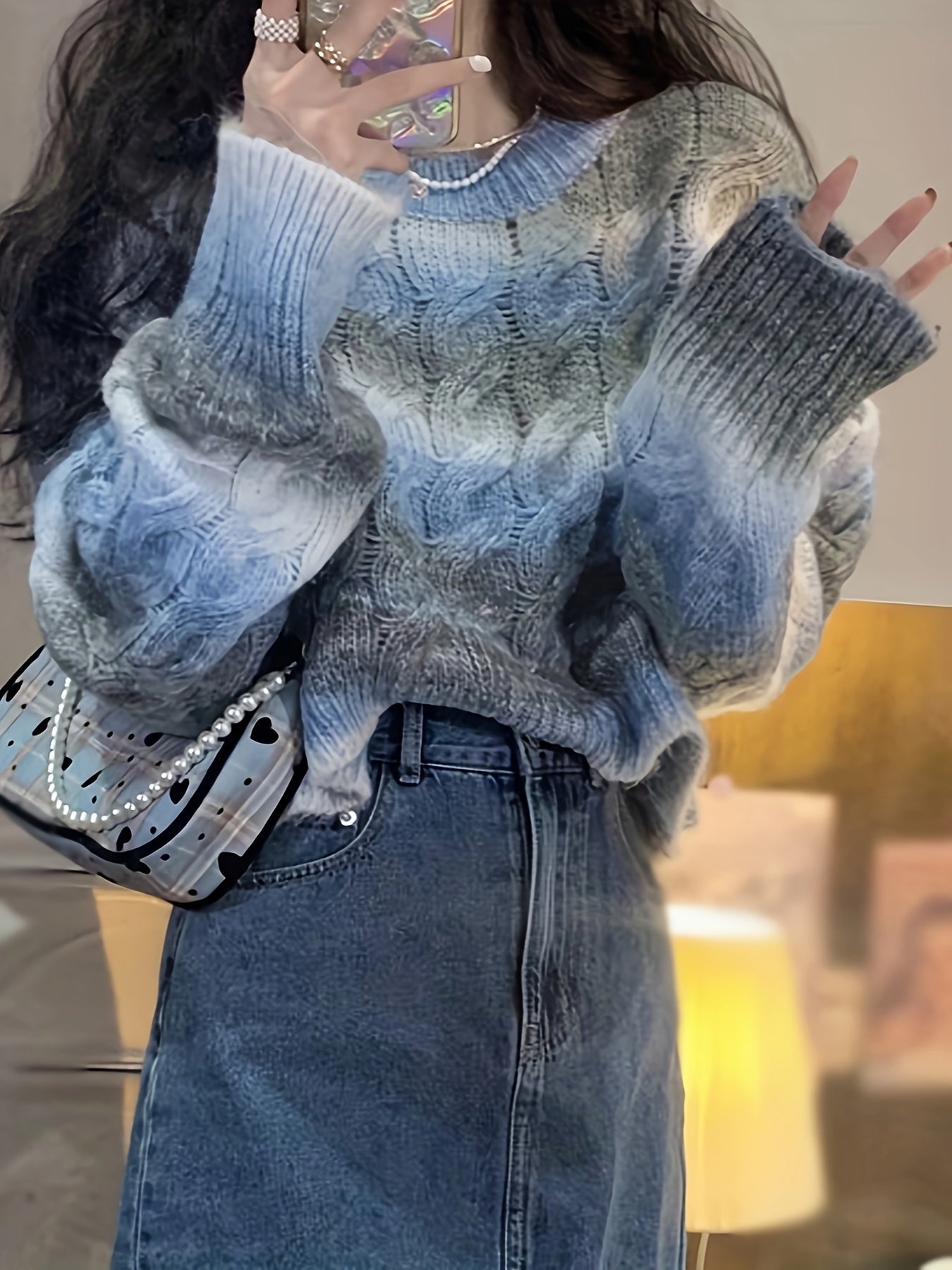 gbolsos Ombre Crew Neck Knit Sweater, Casual Long Sleeve Pullover Sweater, Women's Clothing