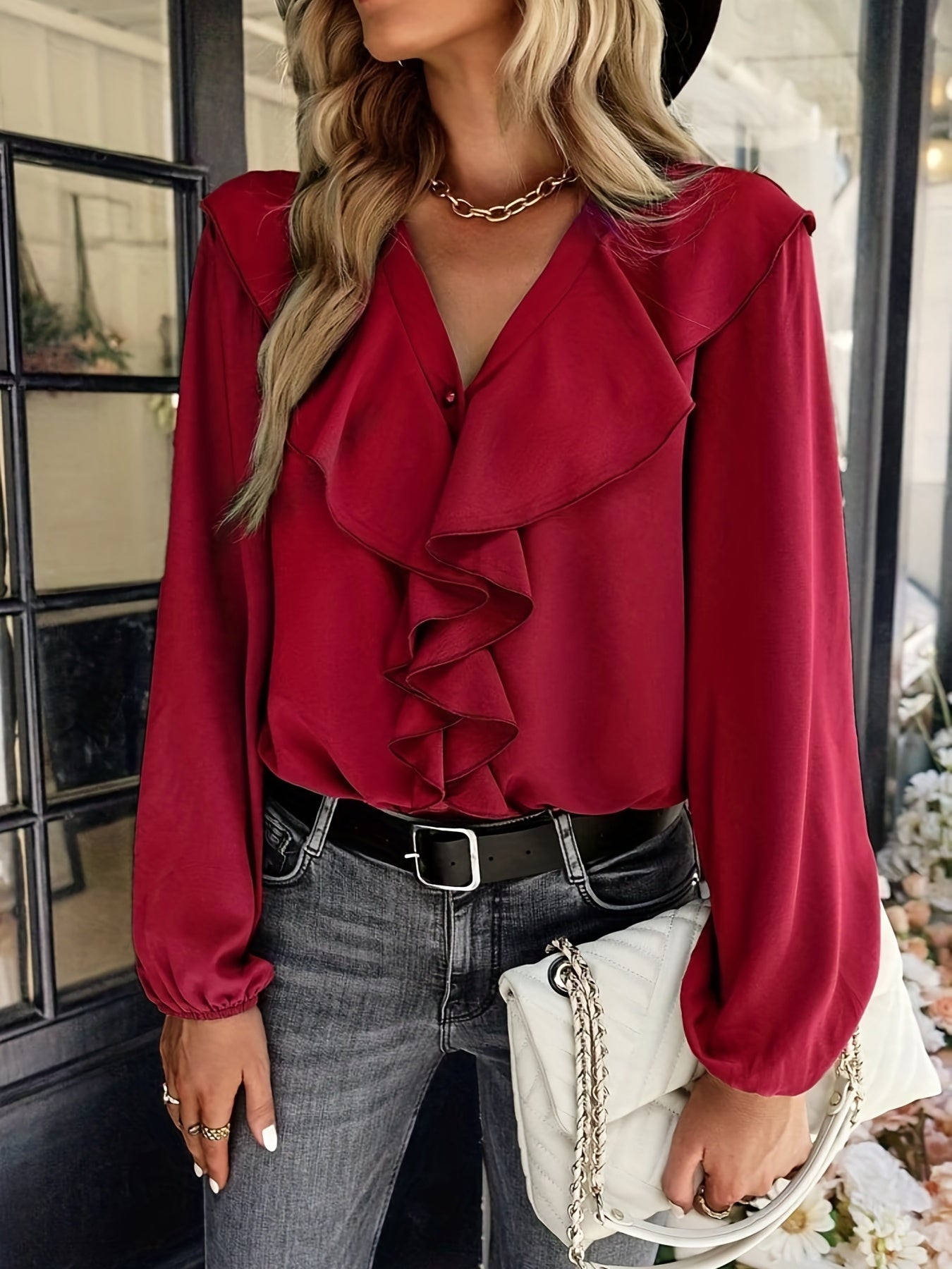 gbolsos Ruffle Trim Solid Blouse, Elegant V Neck Lantern Sleeve Blouse, Women's Clothing