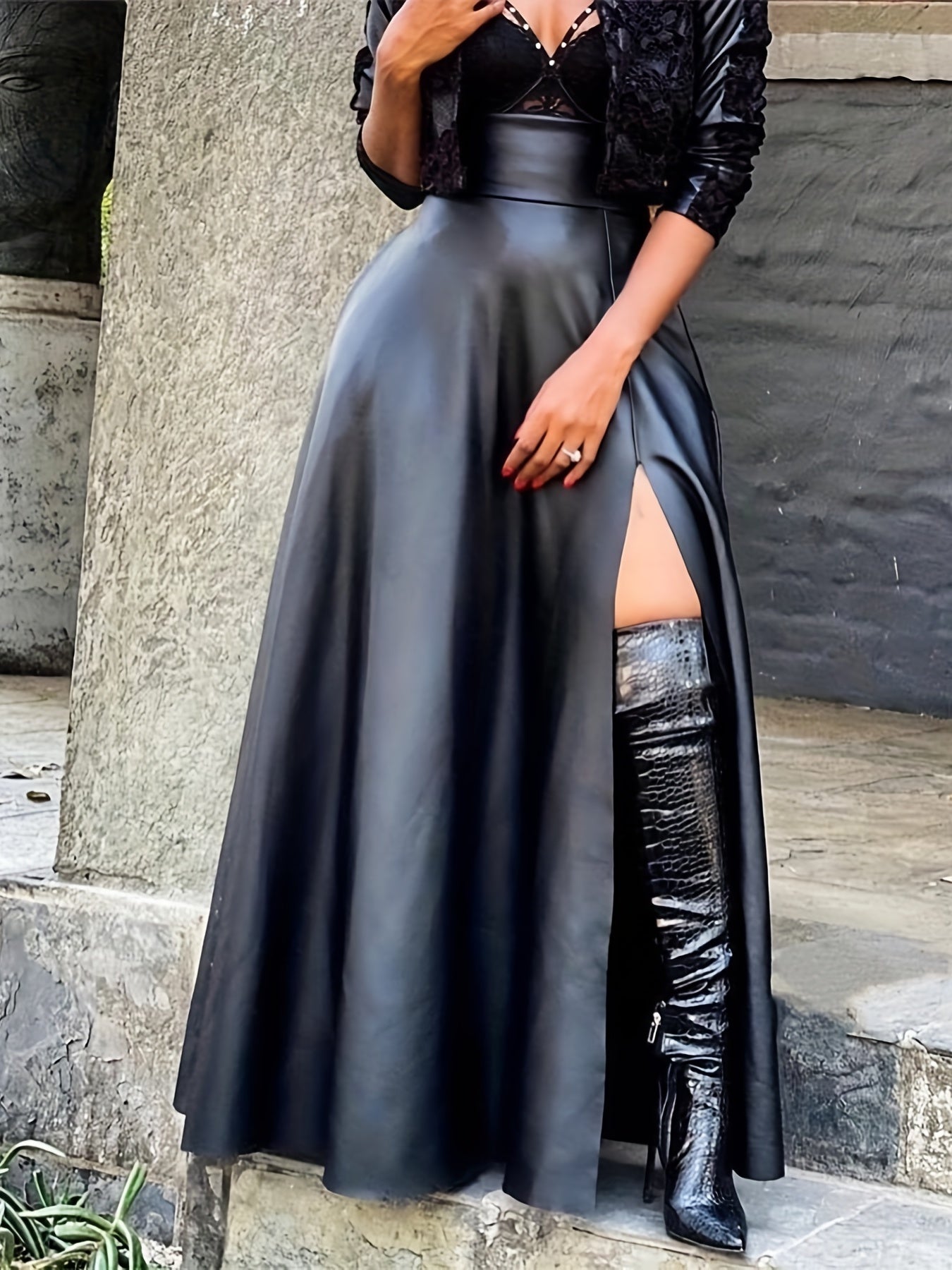 High Waist PU Leather Skirt, Sexy Side Slit Casual Skirt For Spring & Summer, Women's Clothing
