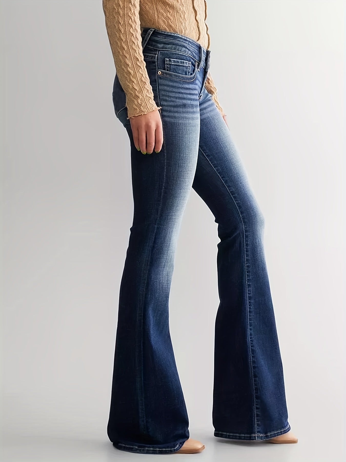 gbolsos Double Button Whiskering Flare Leg Jeans, Mid Waist Retro Faded Watter Tipple Embossed Denim Pants, Women's Denim Jeans & Clothing