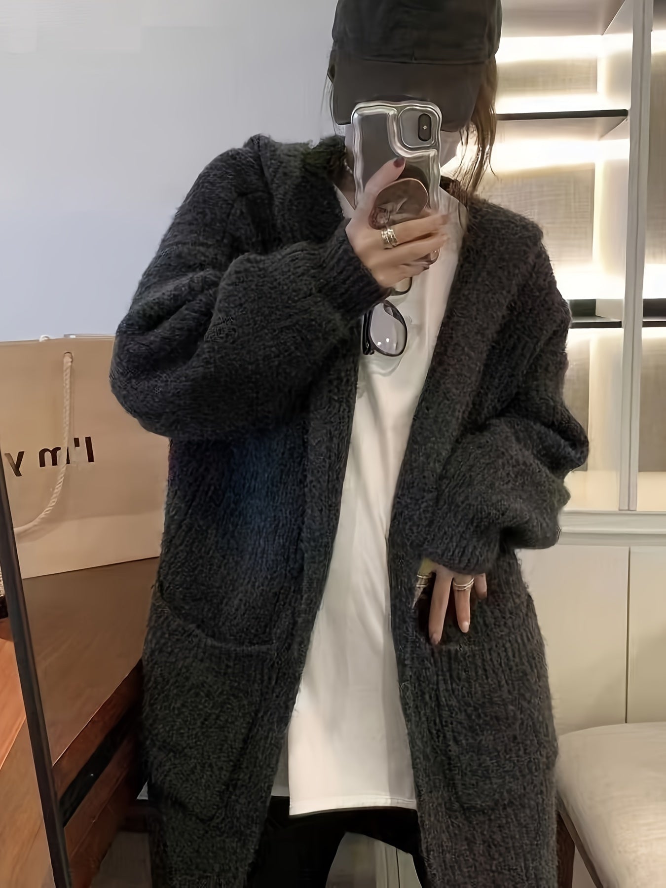 gbolsos Solid Open Front Hooded Cardigan, Versatile Long Sleeve Patched Pockets Cardigan For Fall & Winter, Women's Clothing