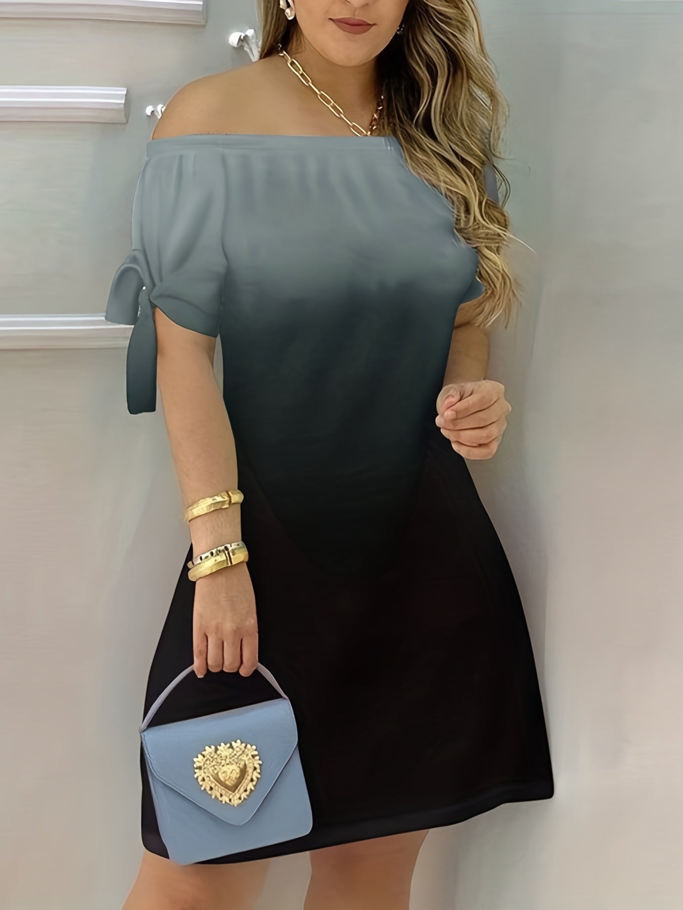gbolsos Color Block Off Shoulder Dress, Elegant Backless Short Sleeve Dress For Spring & Summer, Women's Clothing