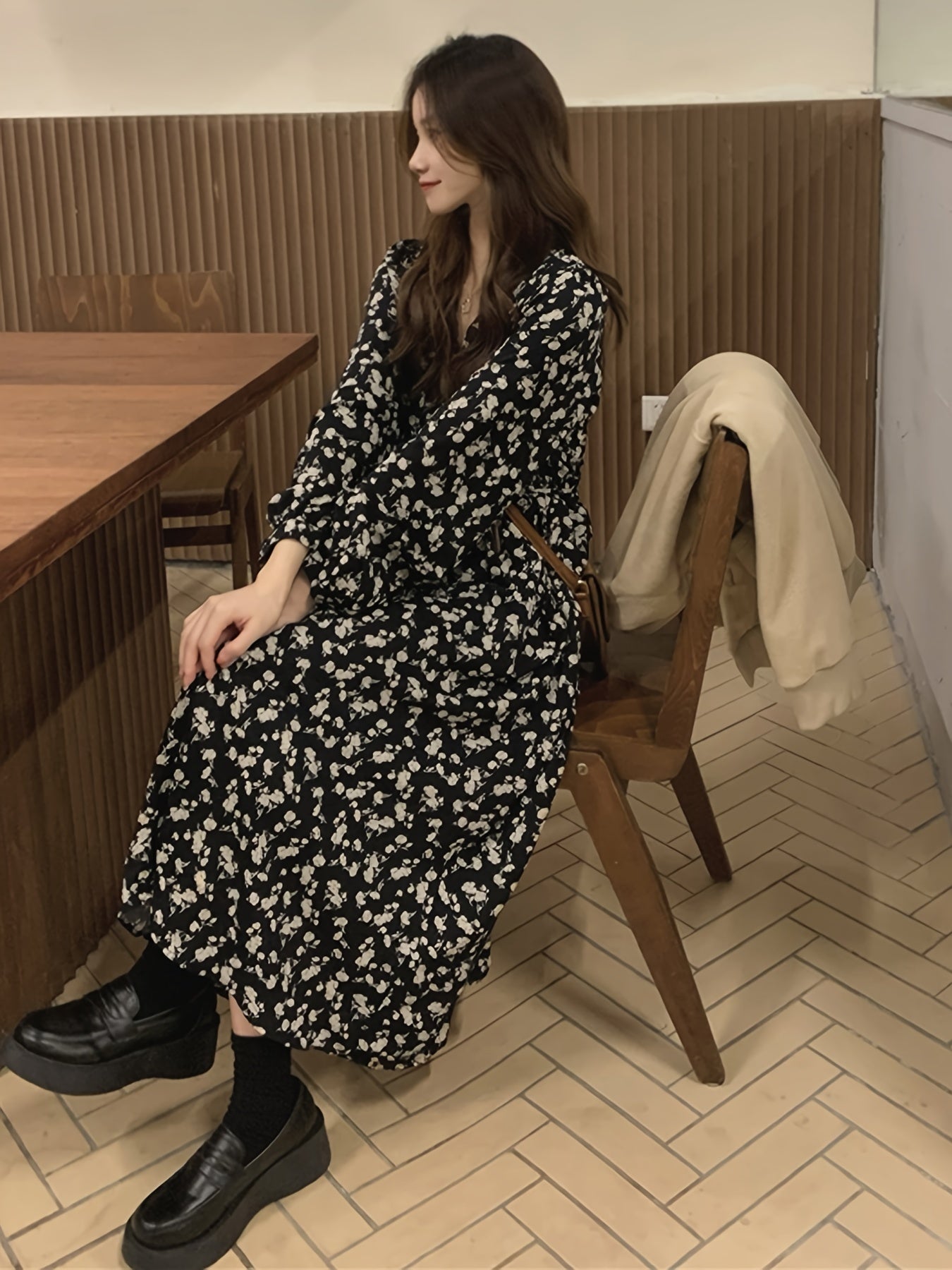 gbolsos Ditsy Floral Print Dress, Elegant Long Sleeve Midi Dress, Women's Clothing