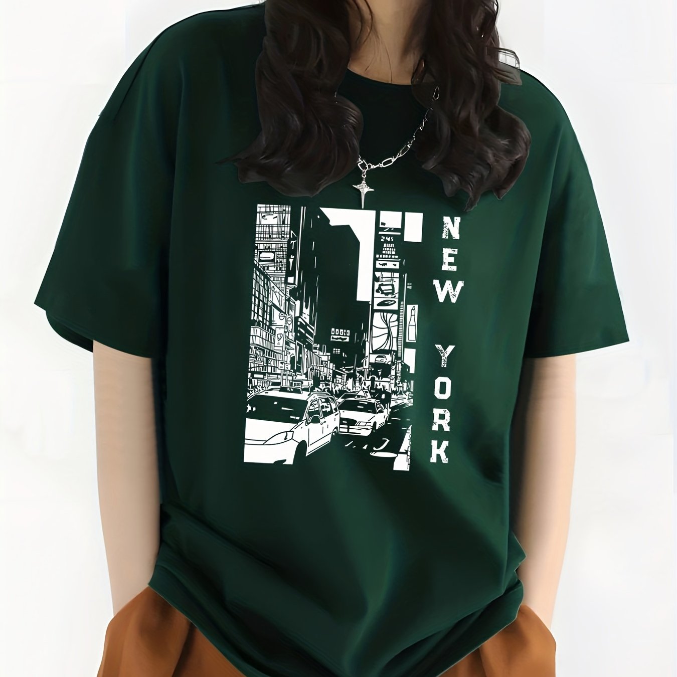 gbolsos City View & New York Letter Print Crew Neck Casual T-Shirt, Solid Color Short Sleeve Fashion Pullover Top, Women's Clothing