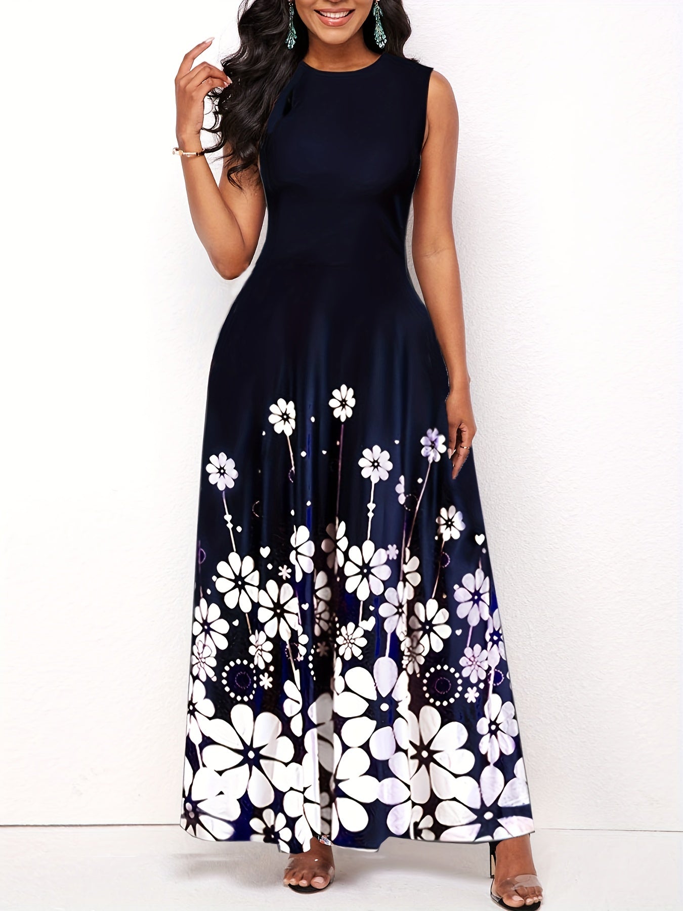 gbolsos Floral Print A-line Long Dress, Elegant Crew Neck Sleeveless Waist Summer Swing Dresses, Women's Clothing