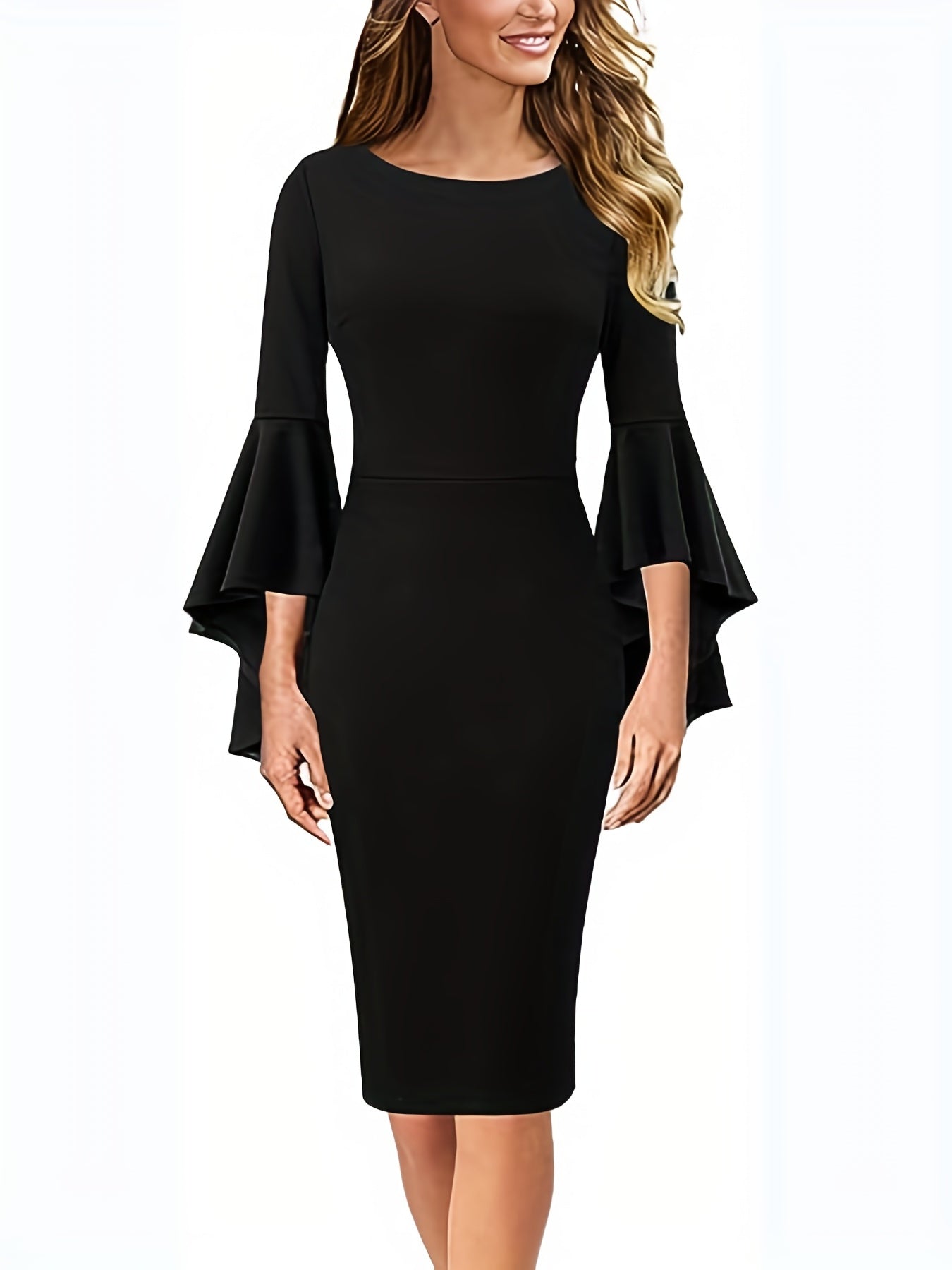 gbolsos Solid Flare Sleeve Slim Dress, Elegant Bodycon Dress For Party & Banquet, Women's Clothing