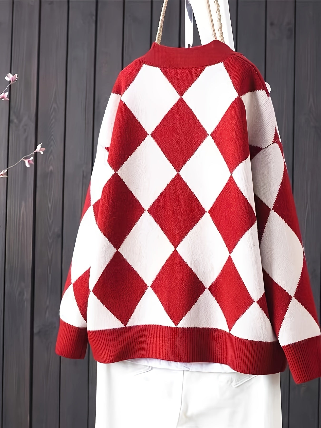 gbolsos Red & White Argyle Loose Cardigans, Vintage V-neck Long Sleeve Fall Winter Knit Cardigan, Women's Clothing