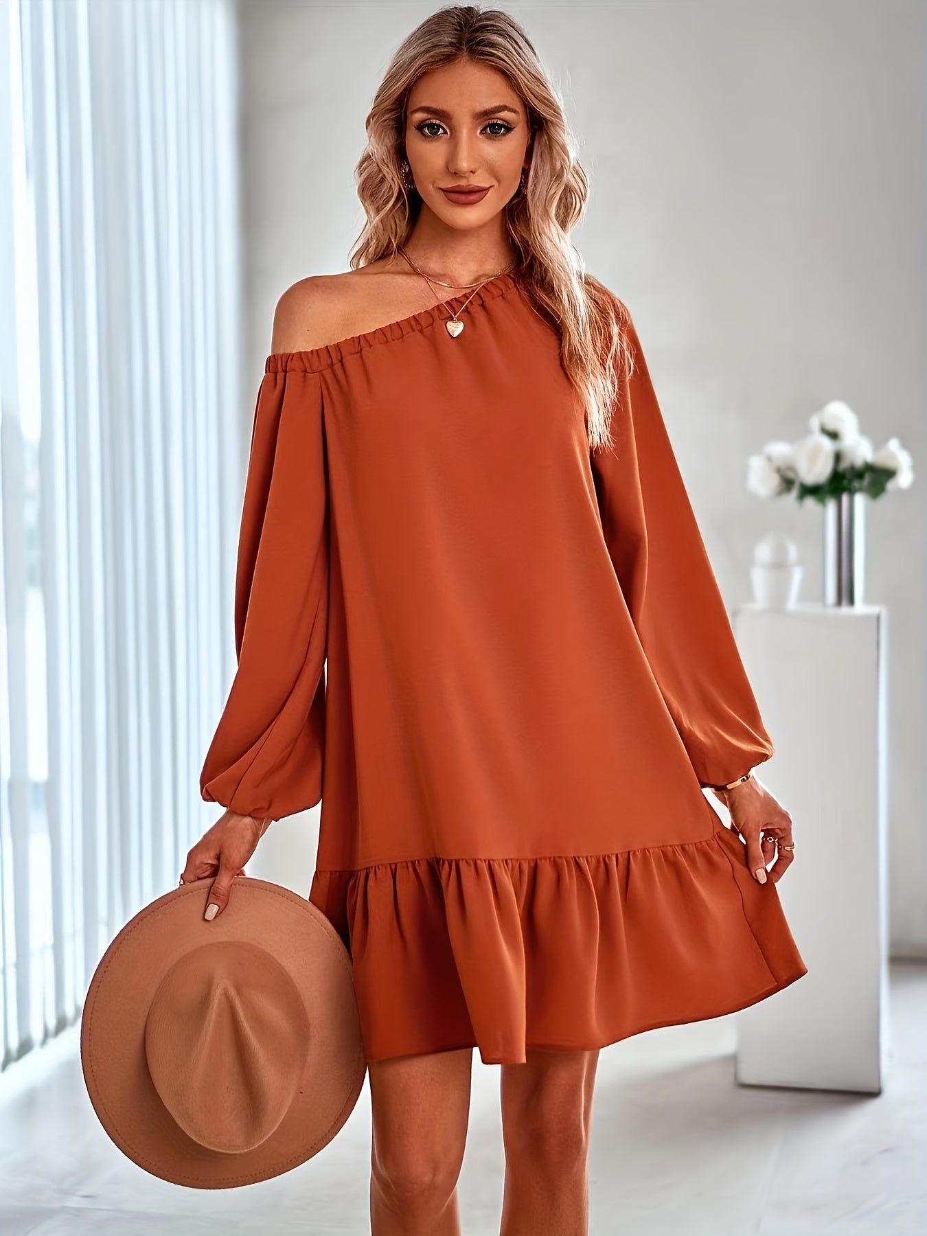 Solid One Shoulder Ruffle Hem Dress, Casual Long Sleeve Dress For Spring & Summer, Women's Clothing