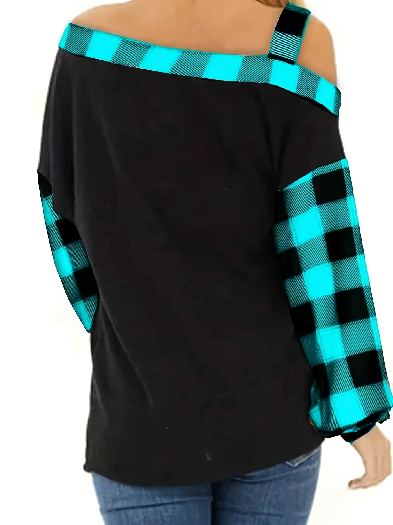 Plus Size Casual Top, Women's Plus Colorblock Gingham Print One Shoulder Long Sleeve Top