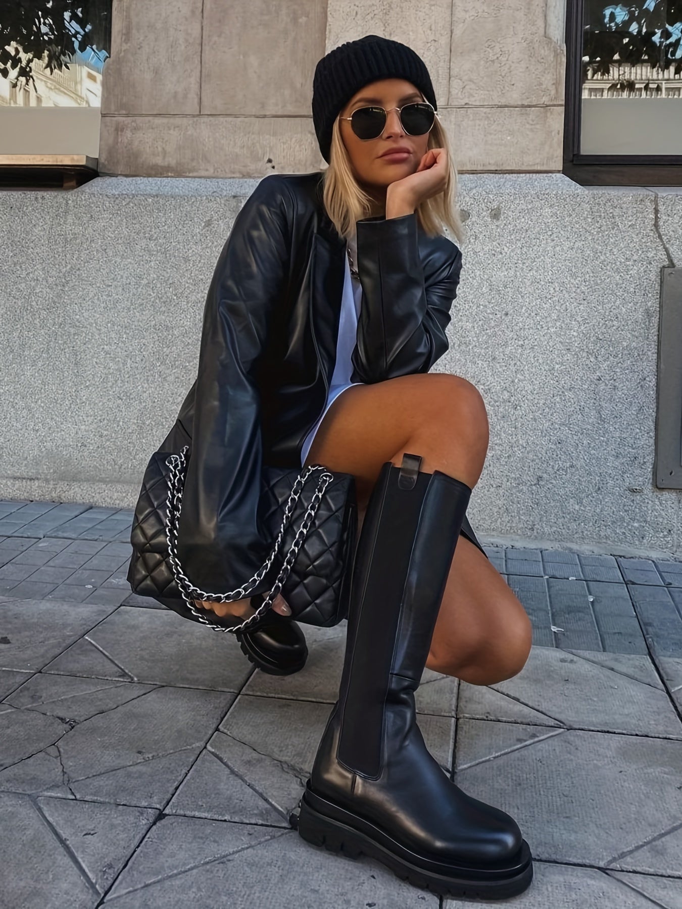 gbolsos Faux Leather Button Front Jacket, Stylish Long Sleeve Lapel Jacket For Fall & Winter, Women's Clothing
