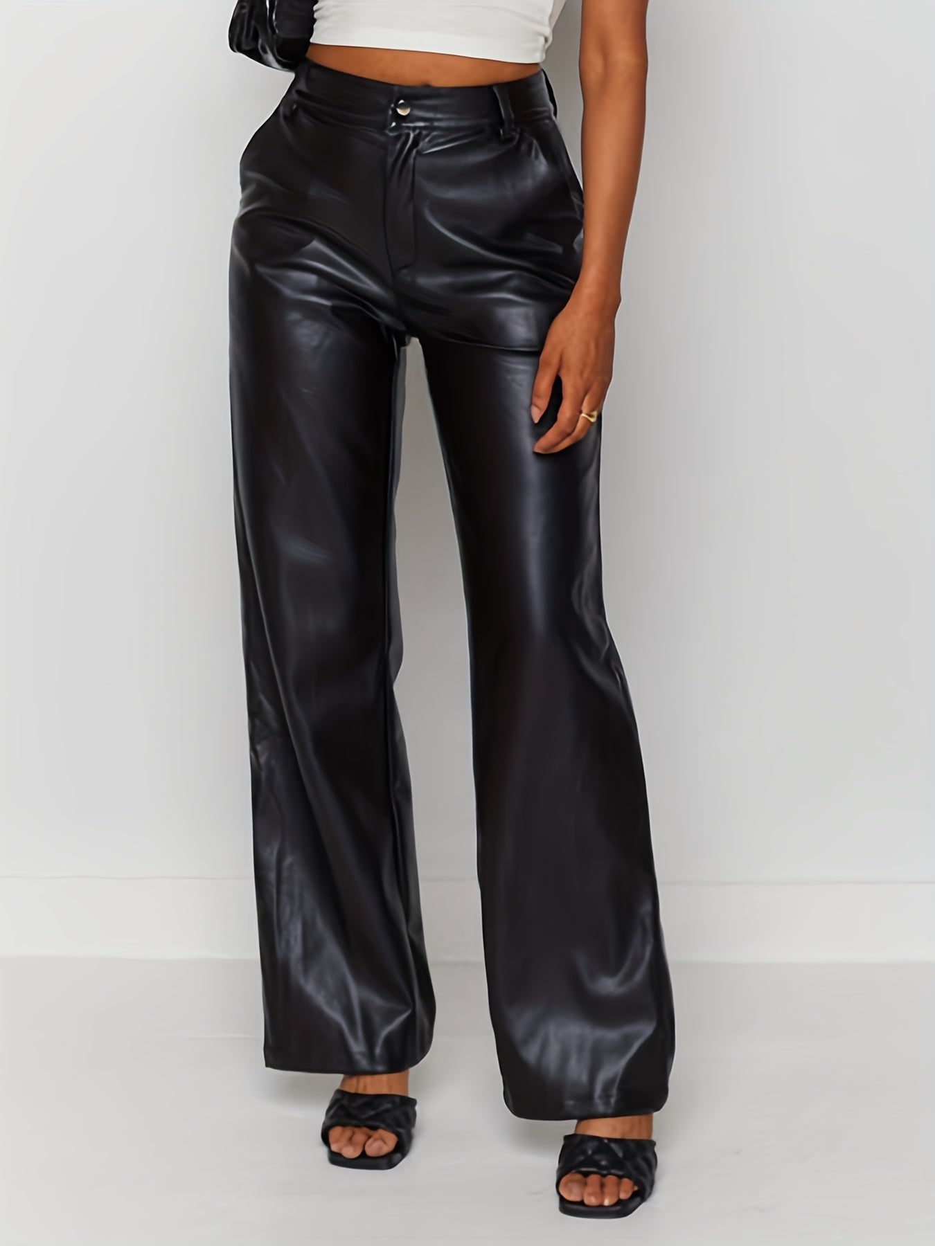 gbolsos PU Leather Straight Leg Pants, Casual High Waist Pants, Women's Clothing