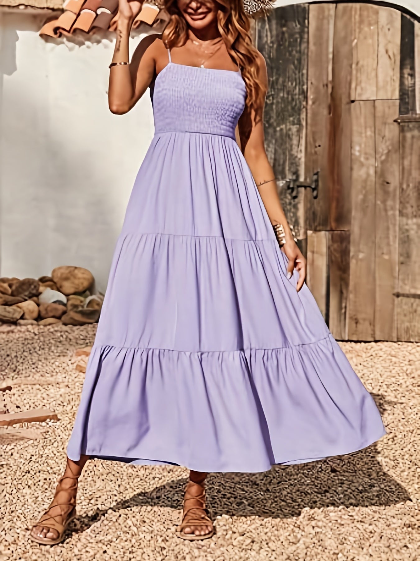 gbolsos Shirred Cami Dress, Vacation Spaghetti Sleeveless High Waist Ruched Dress, Women's Clothing