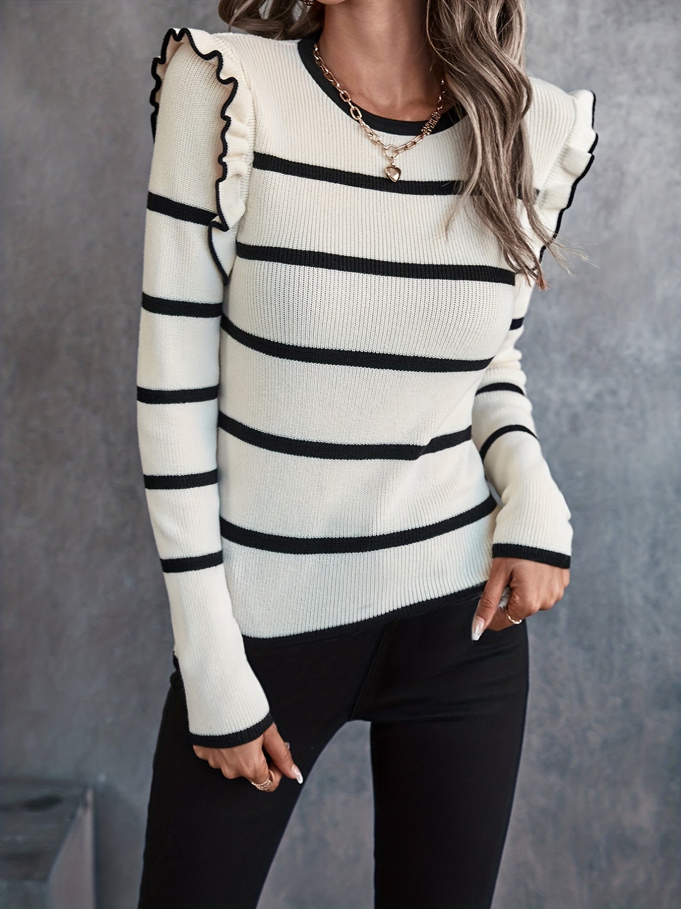 gbolsos Striped Crew Neck Pullover Sweater, Elegant Long Sleeve Ruffle Trim Sweater, Women's Clothing