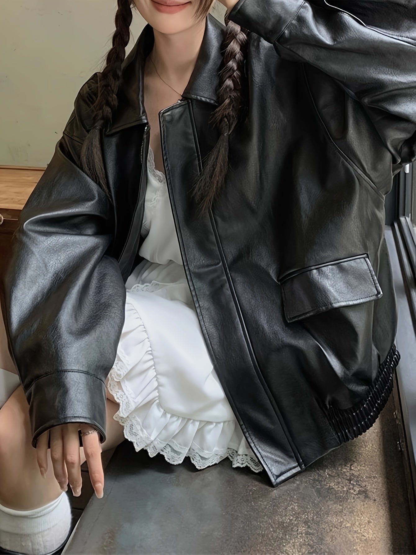 gbolsos Solid Faux Leather Zipper Jacket, Vintage Oversized Long Sleeve Outwear For Fall & Winter, Women's Clothing