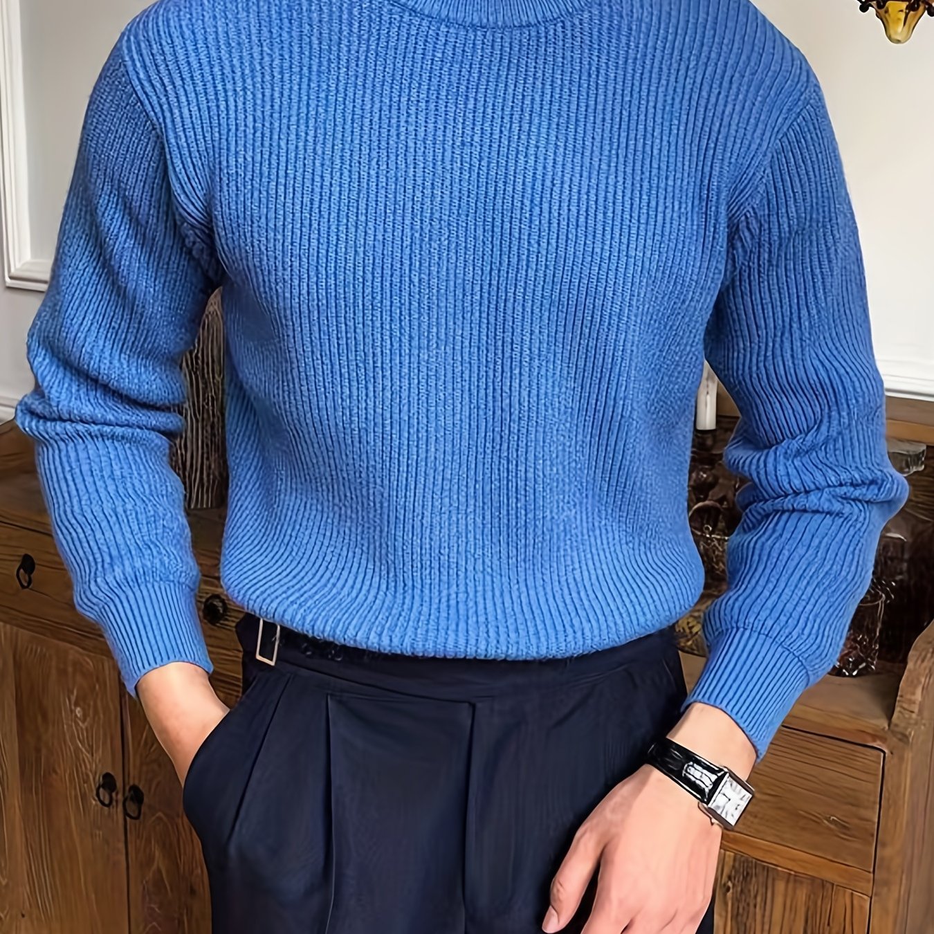 gbolsos Warm Texture Knitted Sweater, Men's Casual Solid Color Slightly Stretch Round Neck Pullover Sweater For Fall Winter