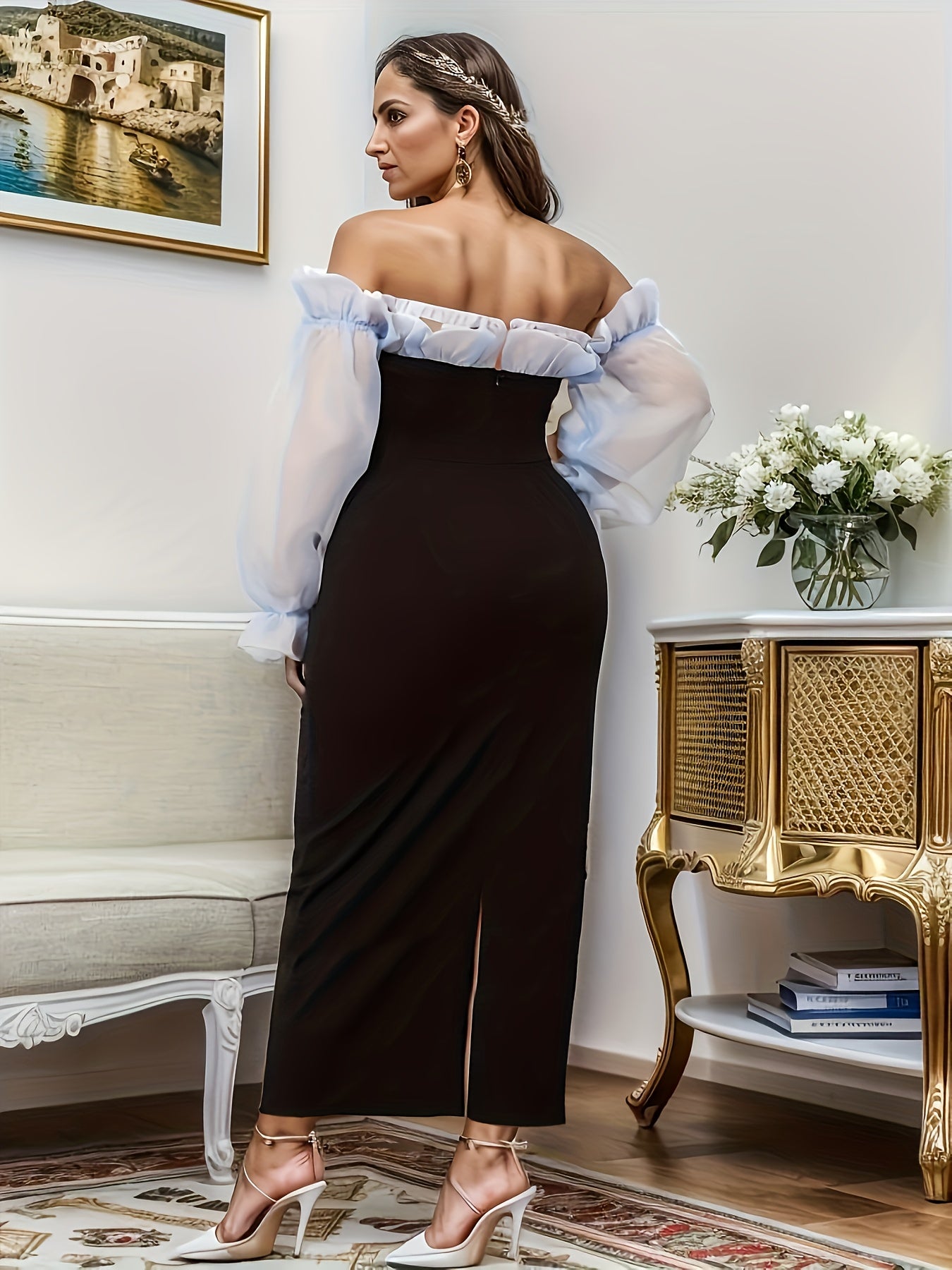 gbolsos Plus Size elegant Dress, Women's Plus Colorblock Contrast Mesh Lantern Sleeve Off Shoulder Ruffle Trim Maxi Slim Fit Dress