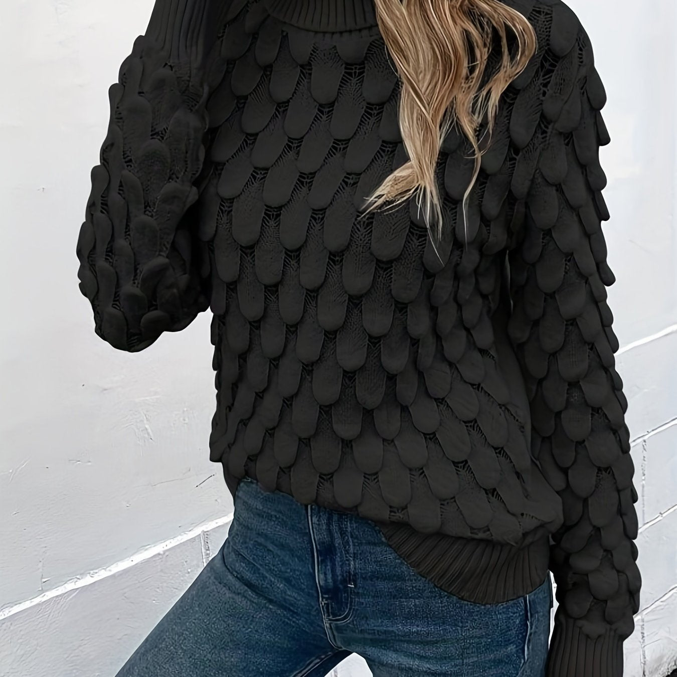 gbolsos Fish Scale Turtleneck Sweater, Casual Solid Long Sleeve Knit Sweater, Women's Clothing