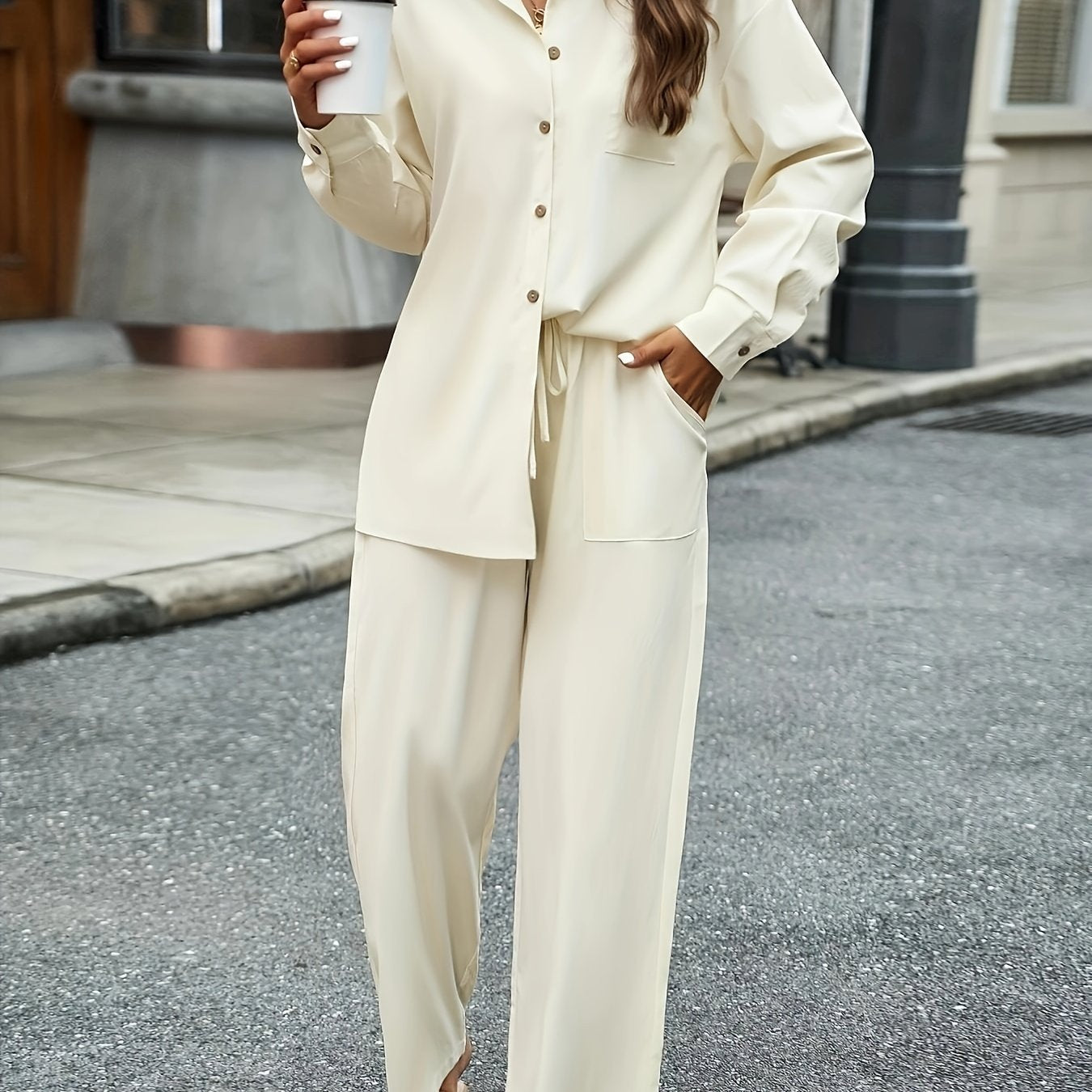 gbolsos Solid Elegant Two-piece Set, Button Front Long Sleeve Shirt & Drawstring Pants Outfits, Women's Clothing