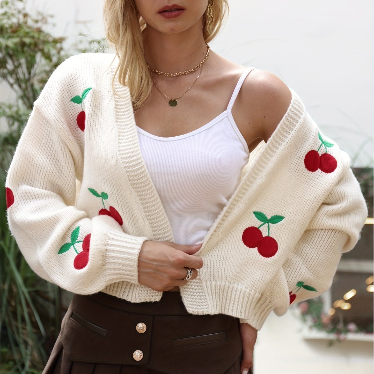 gbolsos Cherry Embroidered Knit Cardigan, Casual Open Front Long Sleeve Sweater, Women's Clothing