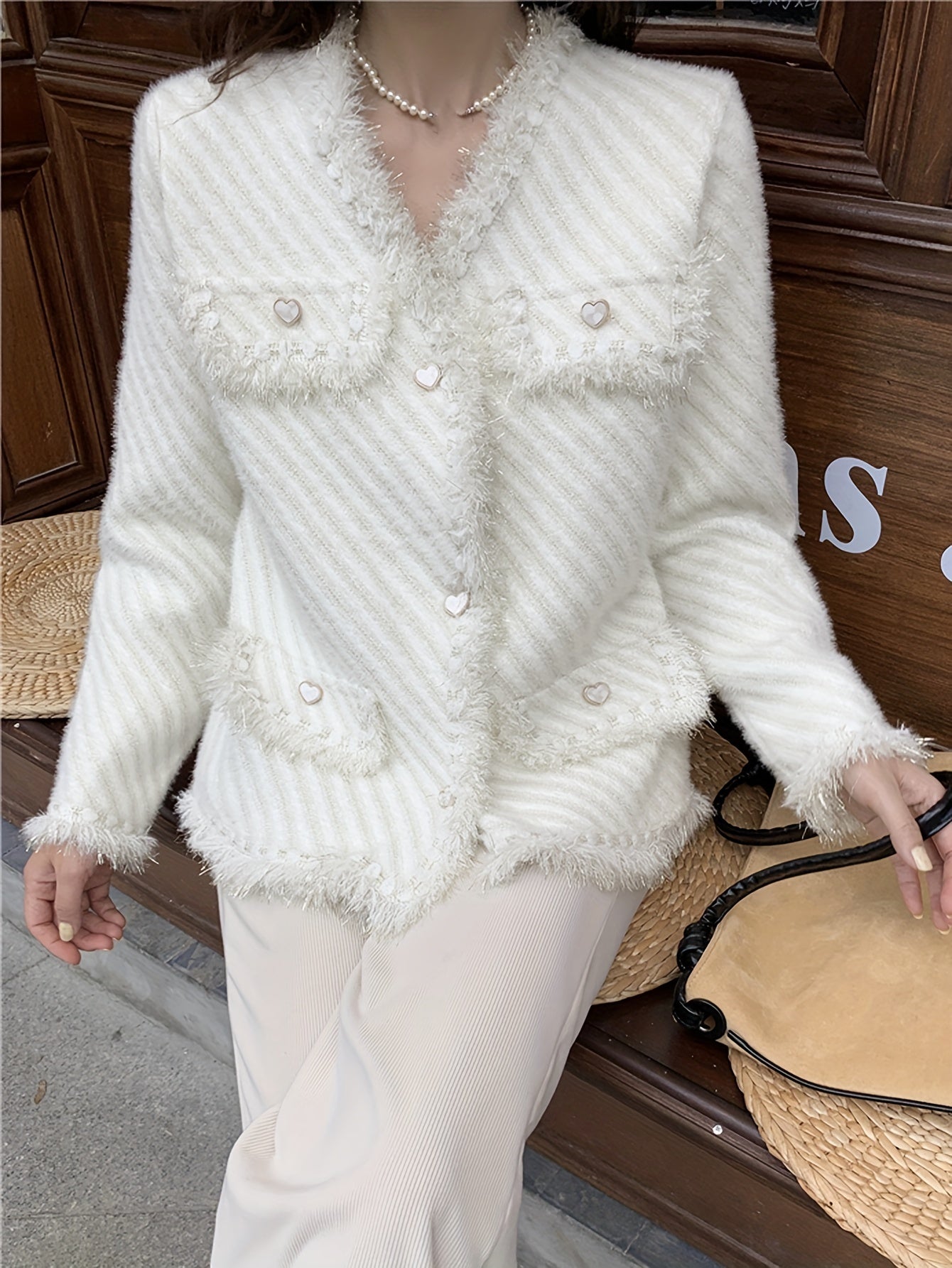 gbolsos Solid Button Front Tassel Cardigan, Elegant Long Sleeve Drop Shoulder Outwear, Women's Clothing