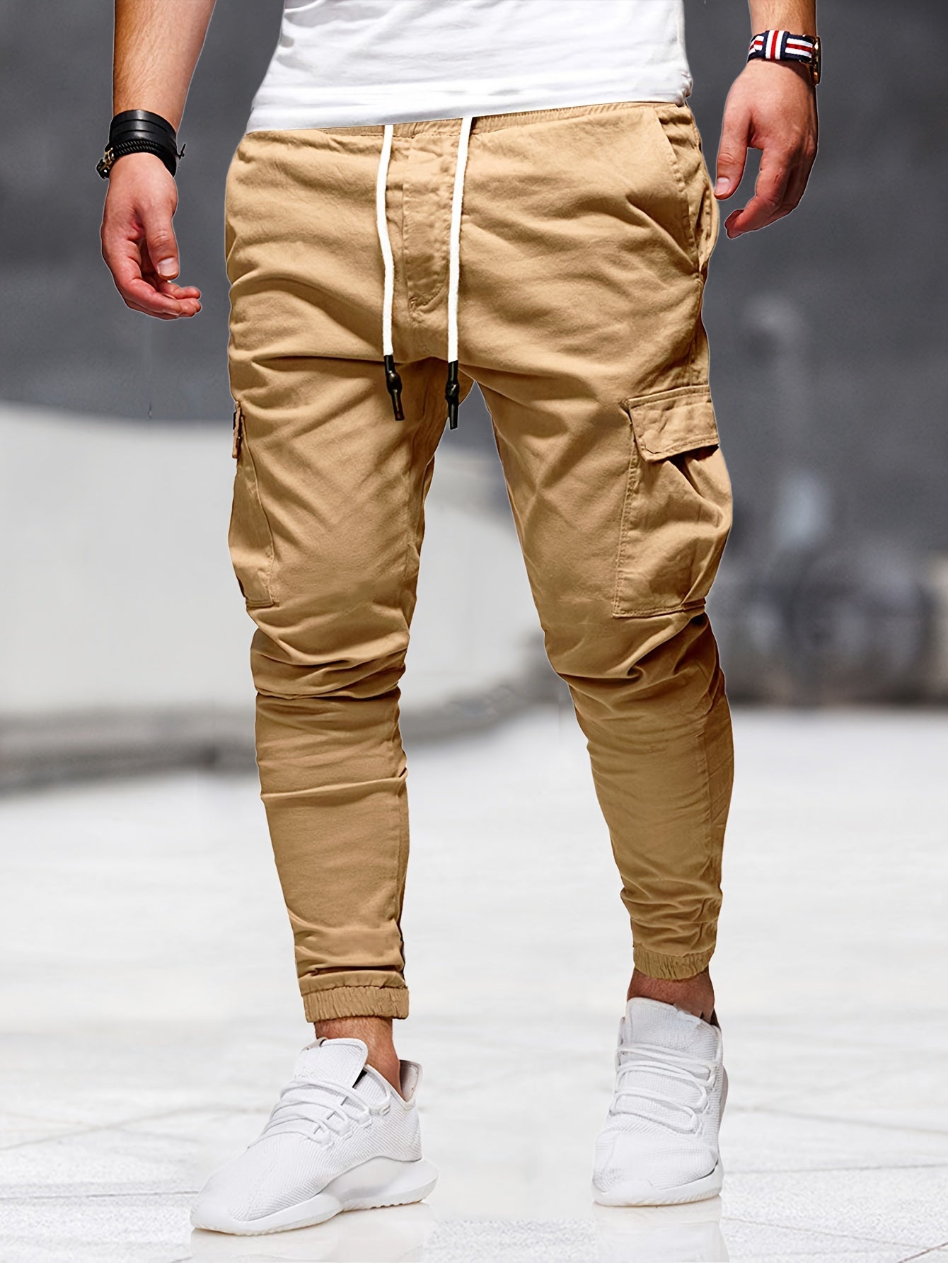 gbolsos Solid Multi Flap Pockets Men's Drawstring Cargo Pants, Slim Fit Elastic Casual Outdoor Pants, Men's Work Pants