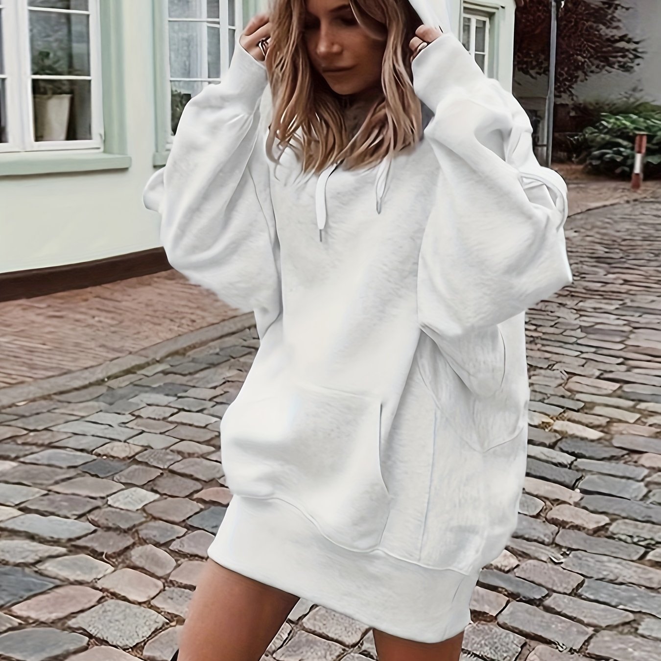Solid Drawstring Hoodie, Casual Long Sleeve Drop Shoulder Hoodie, Women's Clothing