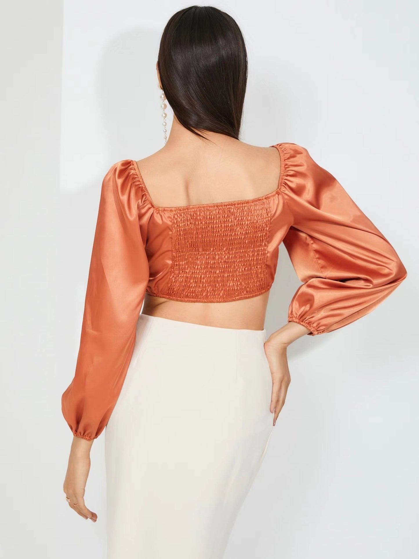 gbolsos Cropped Satin Blouse, Sexy Drawstring Long Sleeve Blouse, Women's Clothing