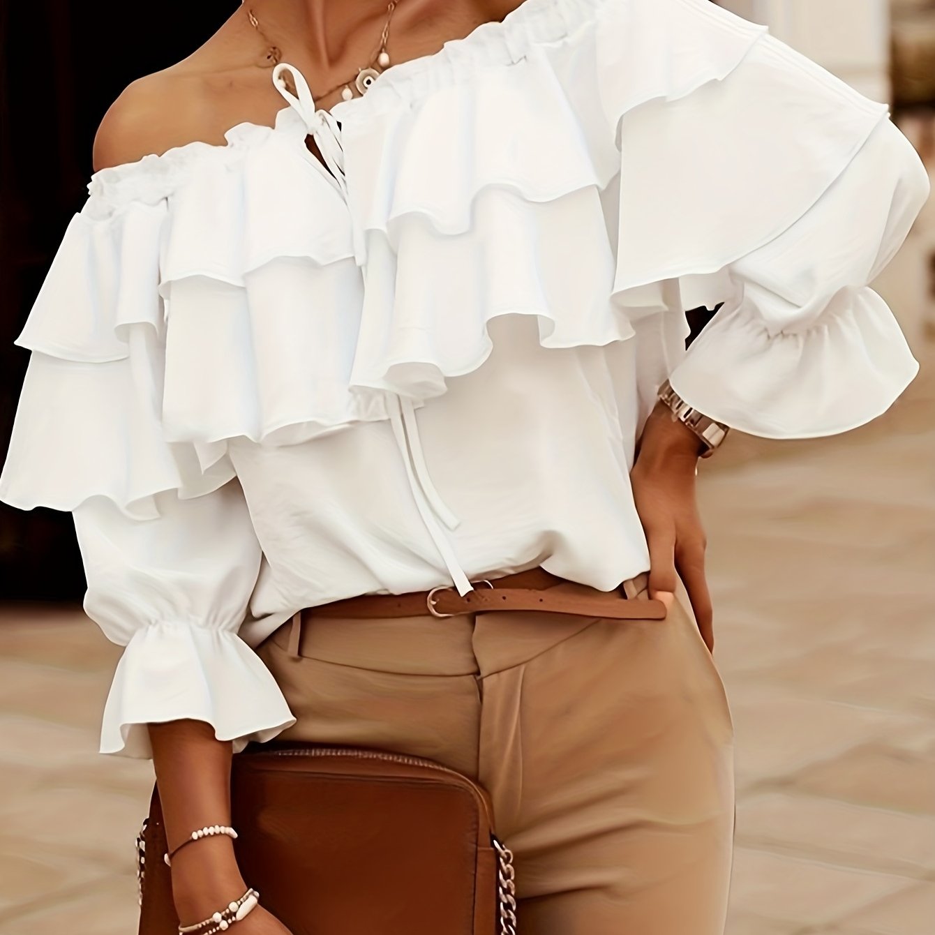 gbolsos Ruffle Trim Layered Blouse, Sexy Off Shoulder Solid Blouse, Women's Clothing