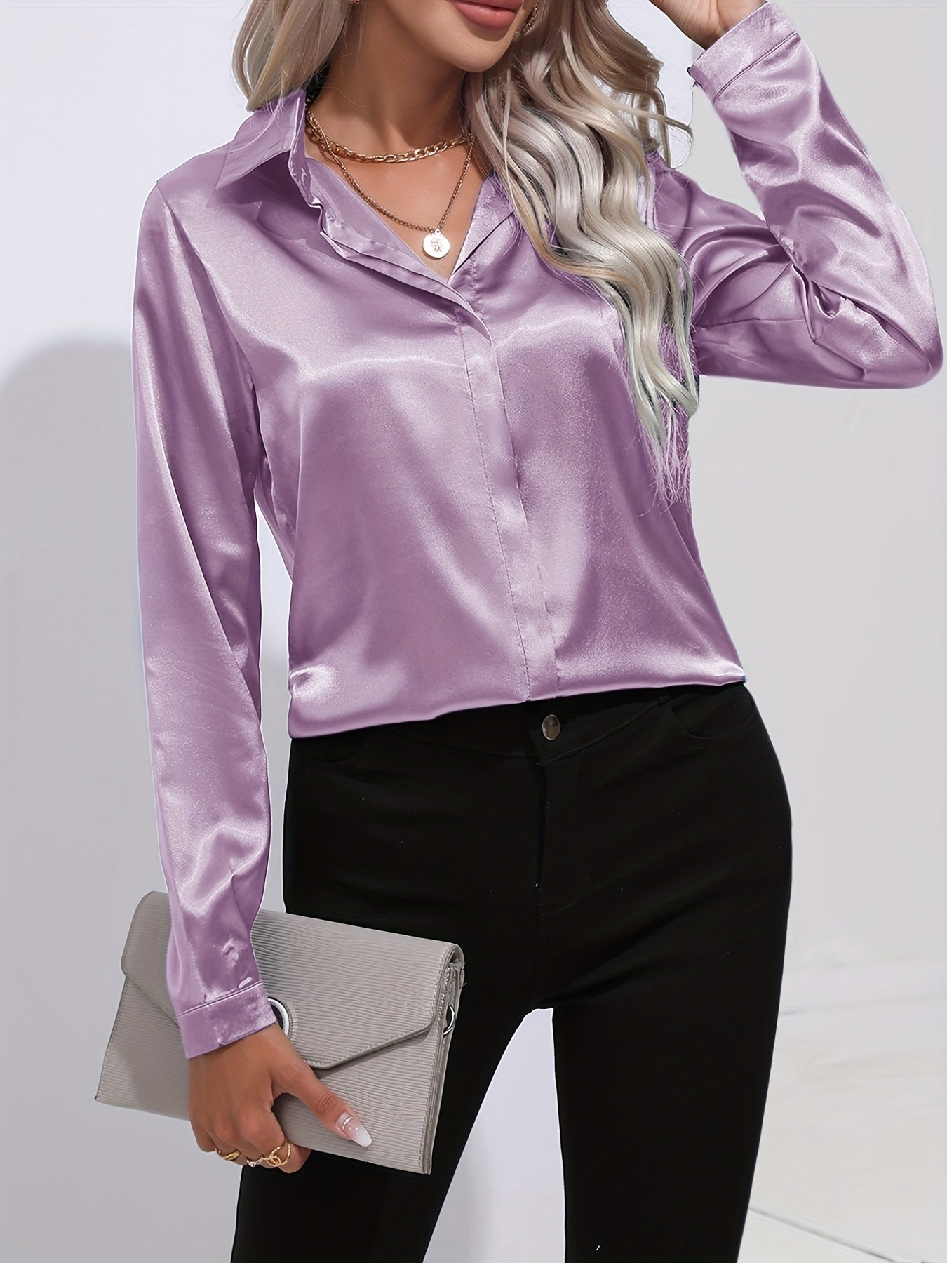 Elegant Satin Blouse, Collar Long Sleeve Work Blouse, Women's Clothing