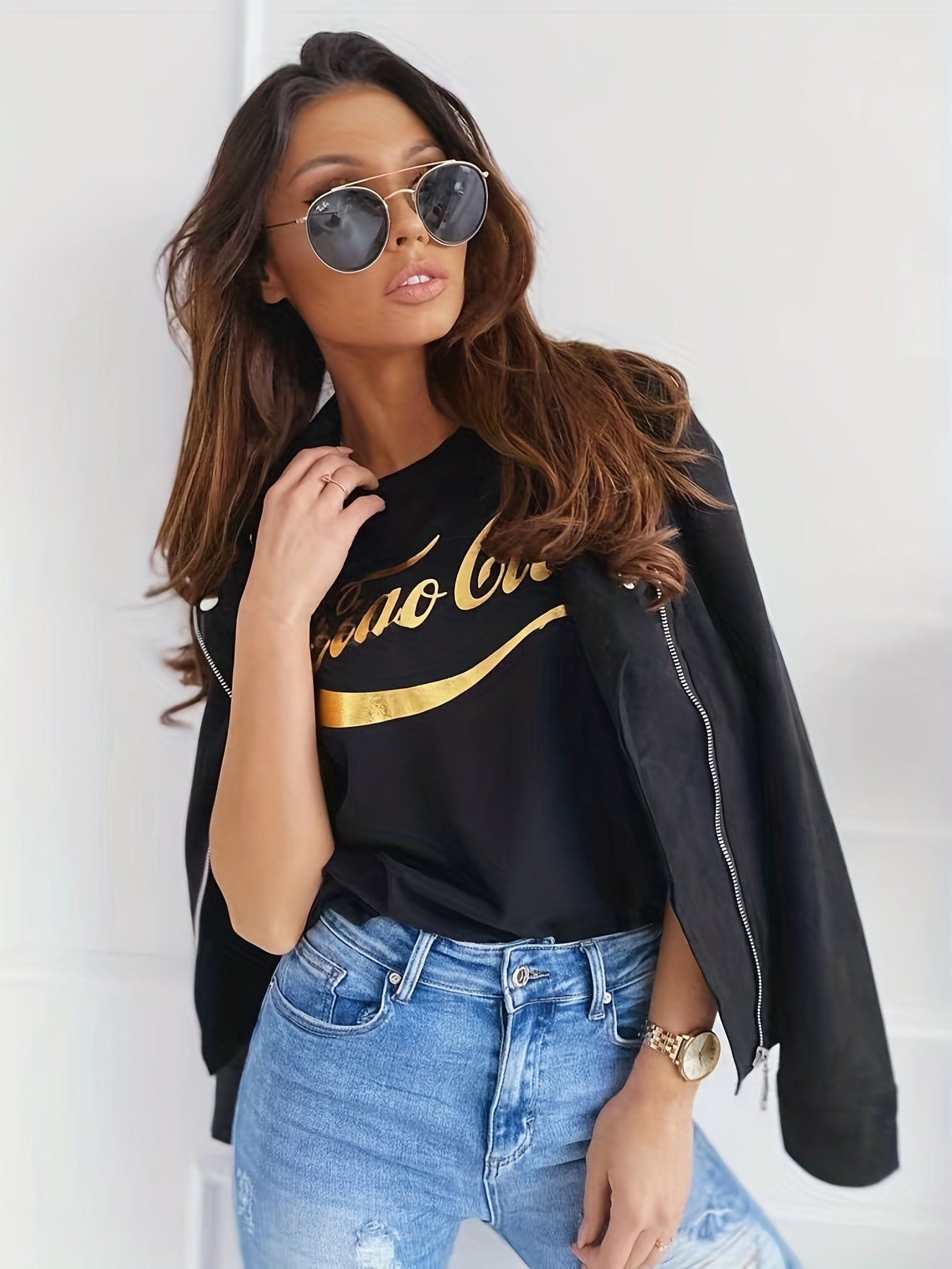 gbolsos Solid Zip Up Biker Jacket, Casual Long Sleeve Waterfall Collar Outerwear, Women's Clothing
