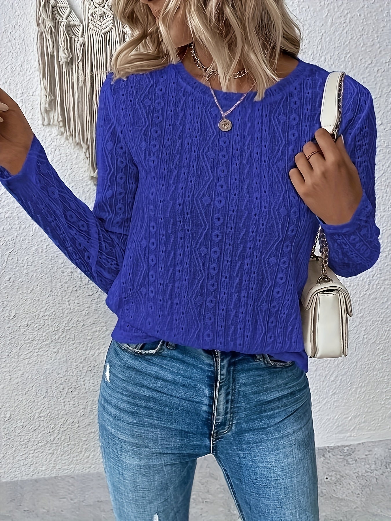 gbolsos Eyelet Solid T-shirt, Casual Crew Neck Long Sleeve T-shirt, Women's Clothing