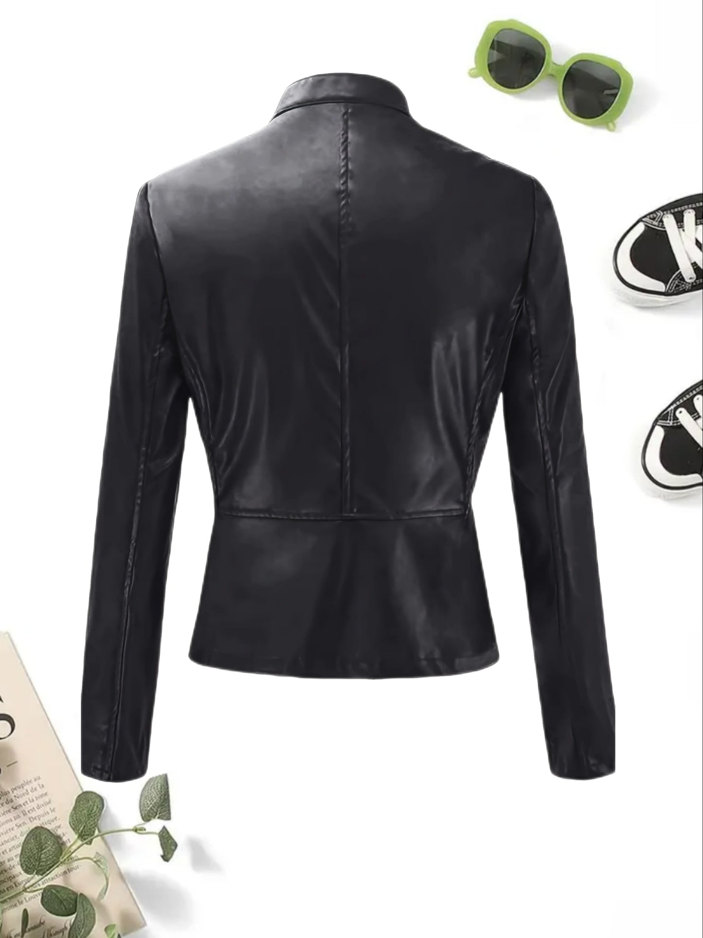 gbolsos Solid Zipper Front Faux Leather Crop Jacket, Casual Long Sleeve Lightweight Jacket For Fall & Spring, Women's Clothing