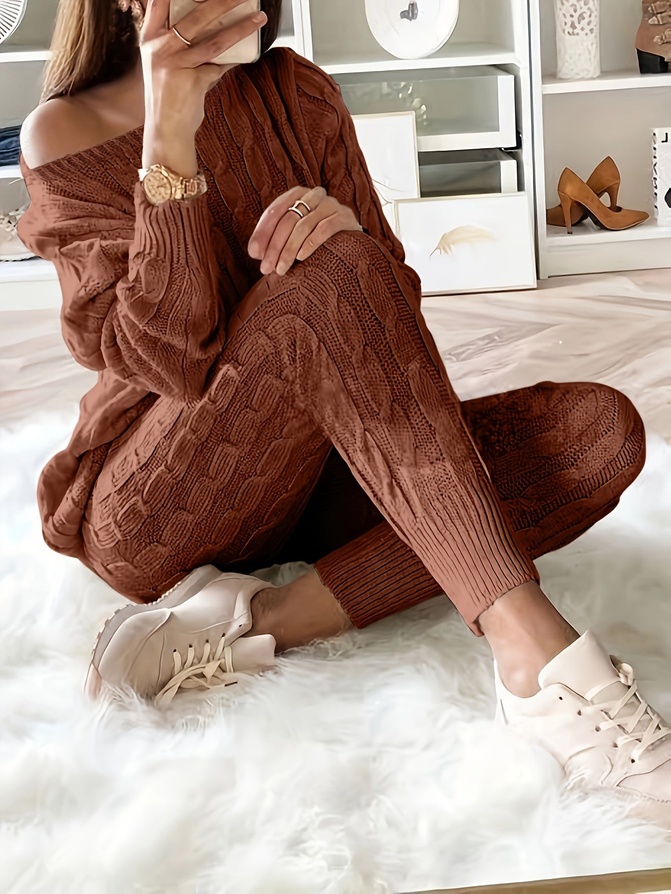 gbolsos Solid Knitted Matching Two-piece Set, Casual Long Sleeve Sweater & Pants Outfits, Women's Clothing