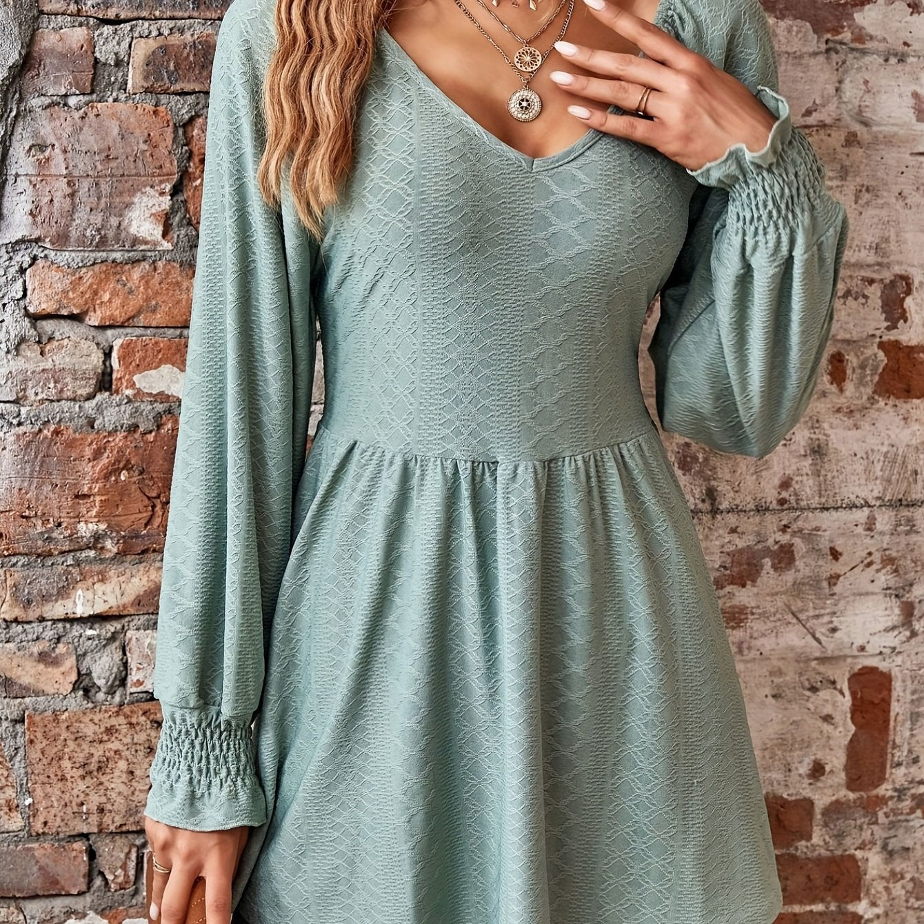 Solid Ruched Mini Dress, Casual Shirred Long Sleeve Dress, Women's Clothing