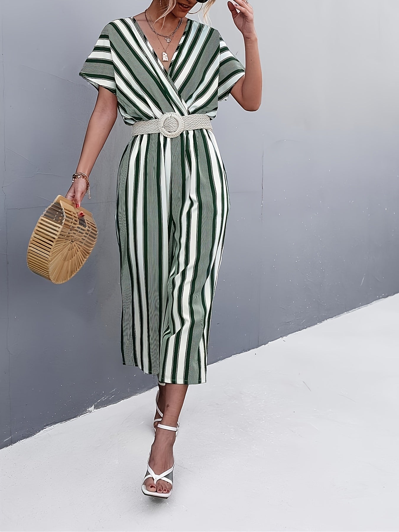 gbolsos Striped Surplice Neck Belted Jumpsuit, Casual Batwing Sleeve Jumpsuit For Spring & Summer, Women's Clothing