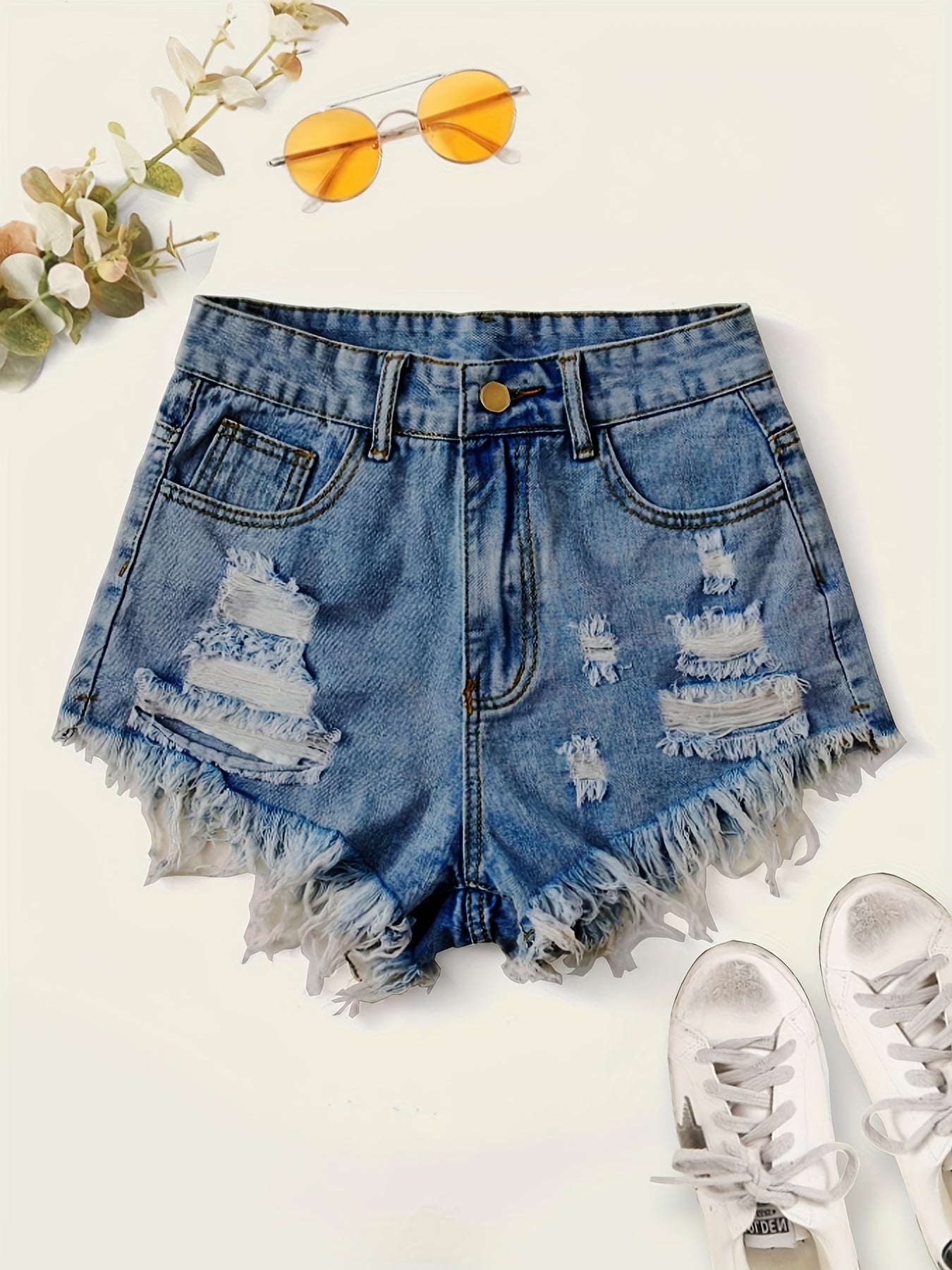 gbolsosHigh Waist Distressed Ripped Shorts, Raw Hem Slash Pockets Vintage Denim Pants, Women's Denim Jeans & Clothing