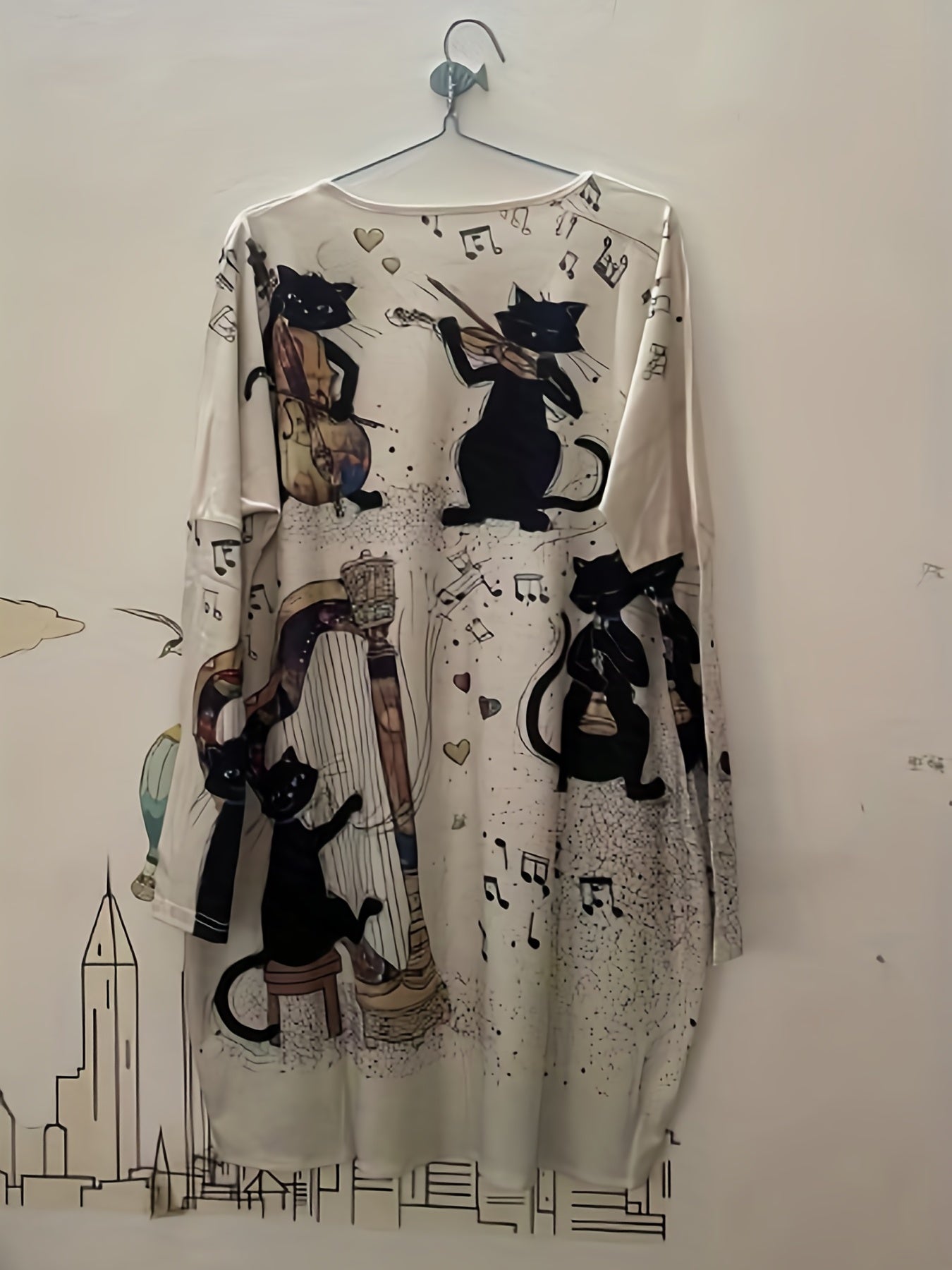 Cat Print Dual Pockets Dress, Casual V Neck Long Sleeve Dress, Women's Clothing