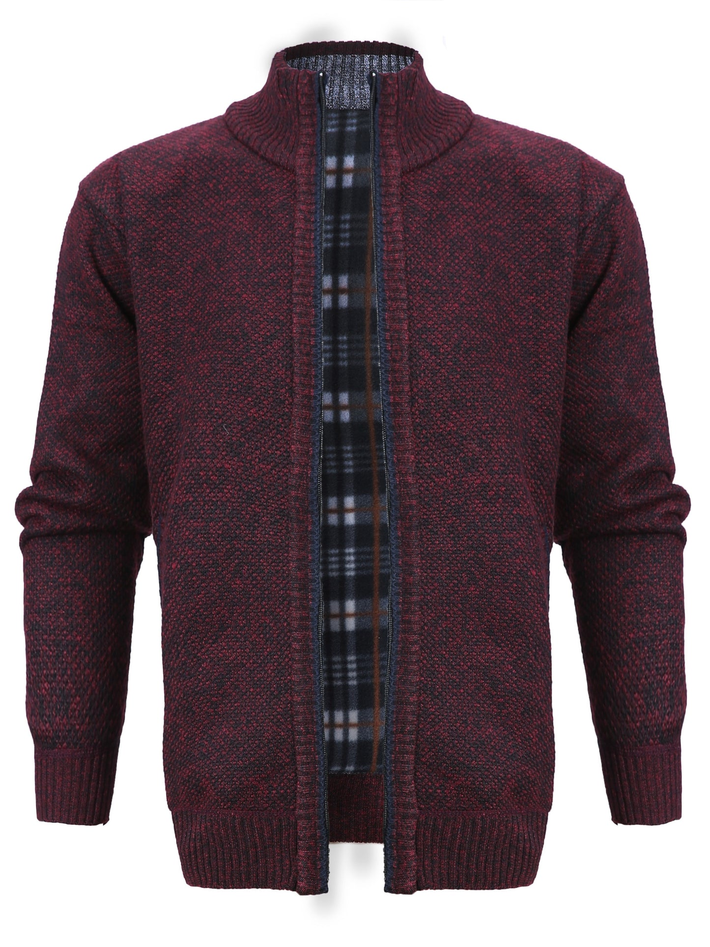 gbolsos Warm Zip Up Jacket Sweater, Men's Casual Lapel Mid Stretch Slant Pocket Solid Color Cardigan For Fall Winter