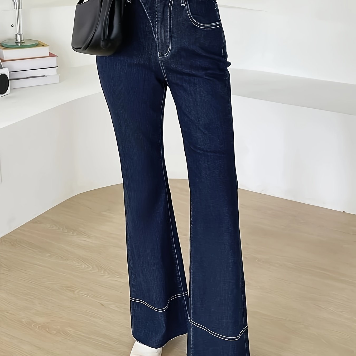 Contrast Seam Stitching Asymmetric Button Waist Detail Flare Leg Jeans, Plain Dark Blue Medium Stretch Unique Denim Pants, Women's Denim Jeans & Clothing