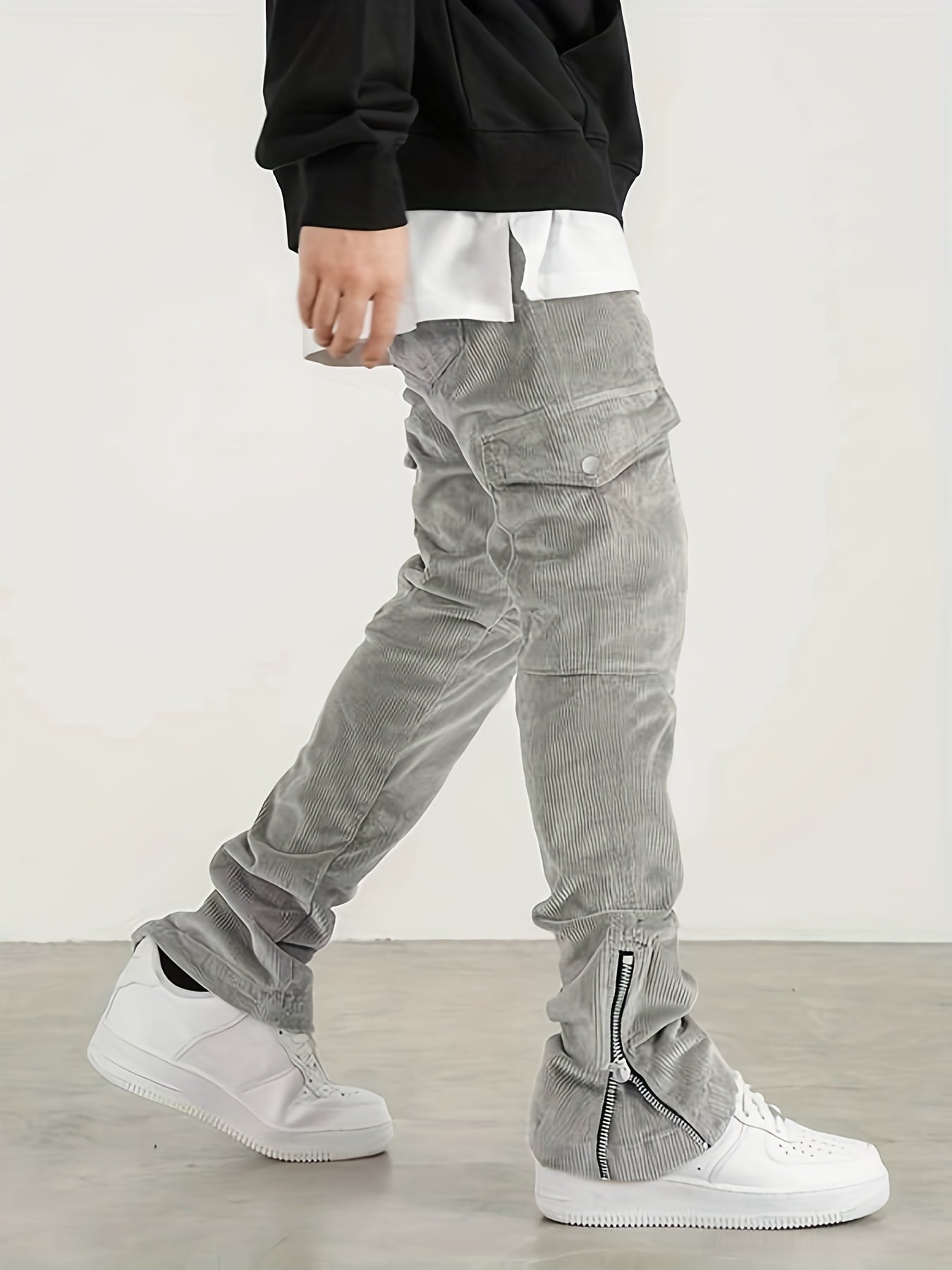 gbolsos Trendy Zipper Slit Bottom Cargo Pants, Men's Solid Multi Flap Pocket Trousers, Casual Outdoor Pants, Men's Work Pants Outdoors Streetwear Hiphop Style